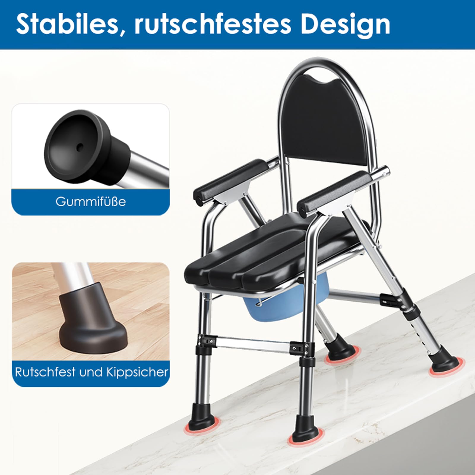 Toilettenstühle für senioren faltbar, höhenverstellbaren toilettenstuhl Tragfähigkeit 200 kg, 50cm breit Edelstahl fahrbar fahrbarer duschstuhl mit papier halter,weicher Sitzfläche (TY-0312)