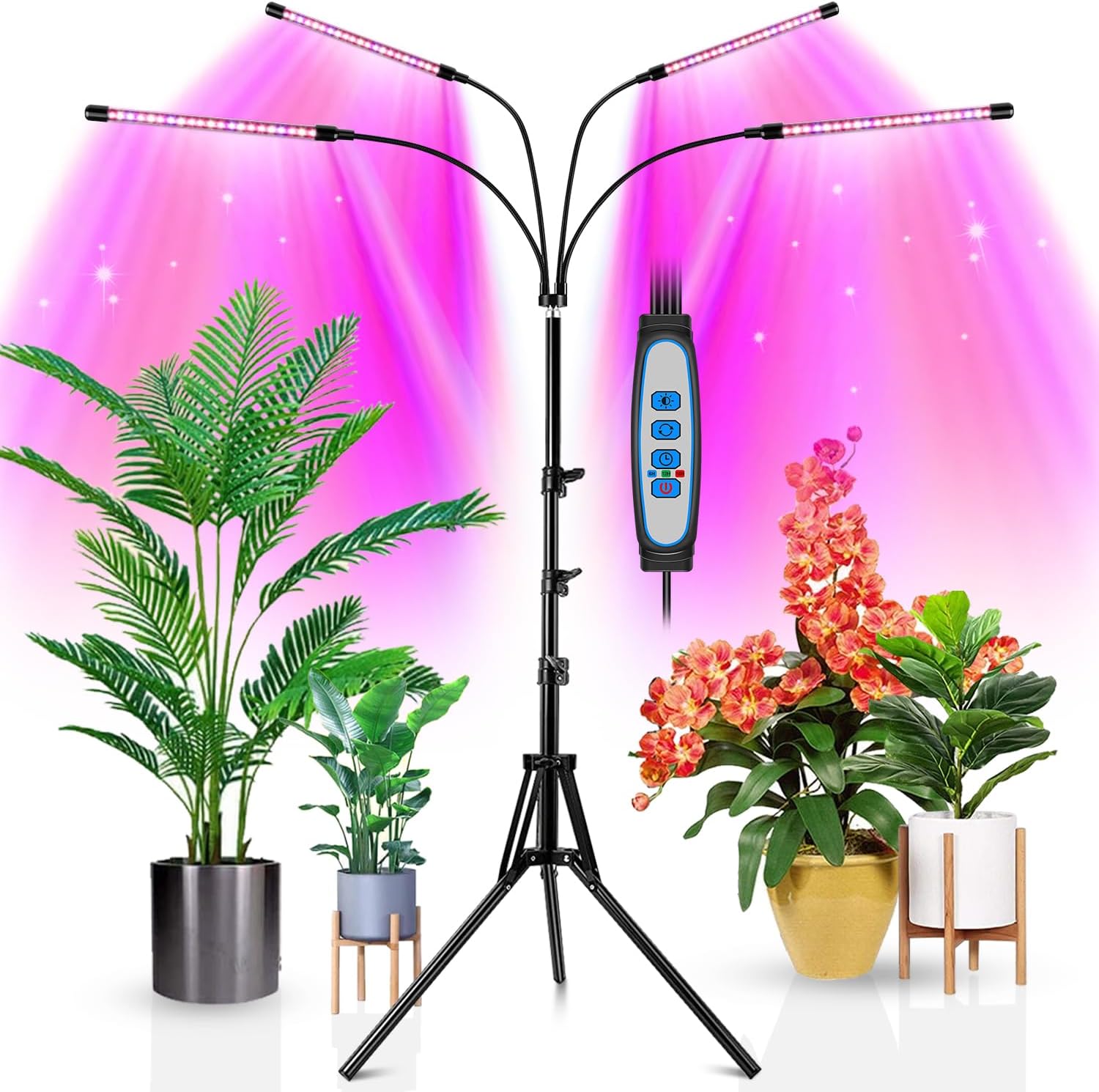 wolezekPlant Light for Indoor Plants, 4-Head 80 LED Full Spectrum Grow Lights for Seed Starting with 15-61 inches Adjustable Tripod Stand, Red Blue Warm White Floor Grow Lamp with Auto 6/12/16H Timer