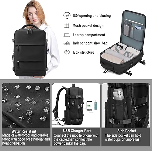 Miniatura 3 de Somago Mochila de viaje con 3 compartimentos grandes, aprobada por aerolíneas, mochila de mano casual, para portátiles de hasta 16 pulgadas, Negro