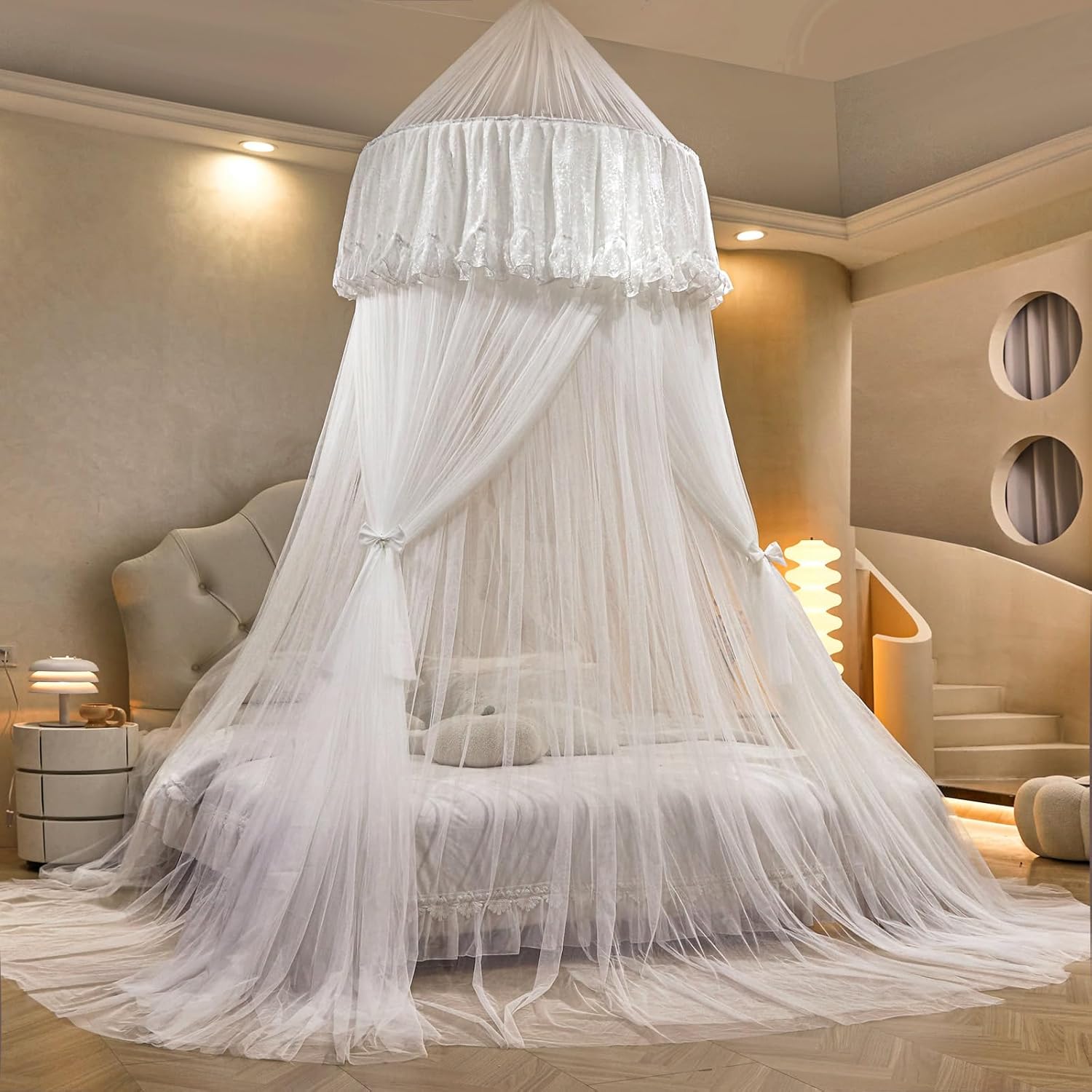 AIKASY Princess Bed Canopy for Girls – Double Layer Sheer Mesh Dome with Romantic Lace Trim, Dreamy Mosquito Net Tent for Twin/Full/Queen/King Beds(White)