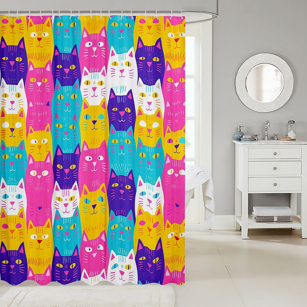 Erosebridal Kawaii Animal Shower Curtain for Kids Cartoon Cats Bathroom Curtain for Boys Girls Rainbow Bath Curtain 72Wx84L Purple White Cat Shower Curtain Multicolor Kitten Pet Bathroom Curtain