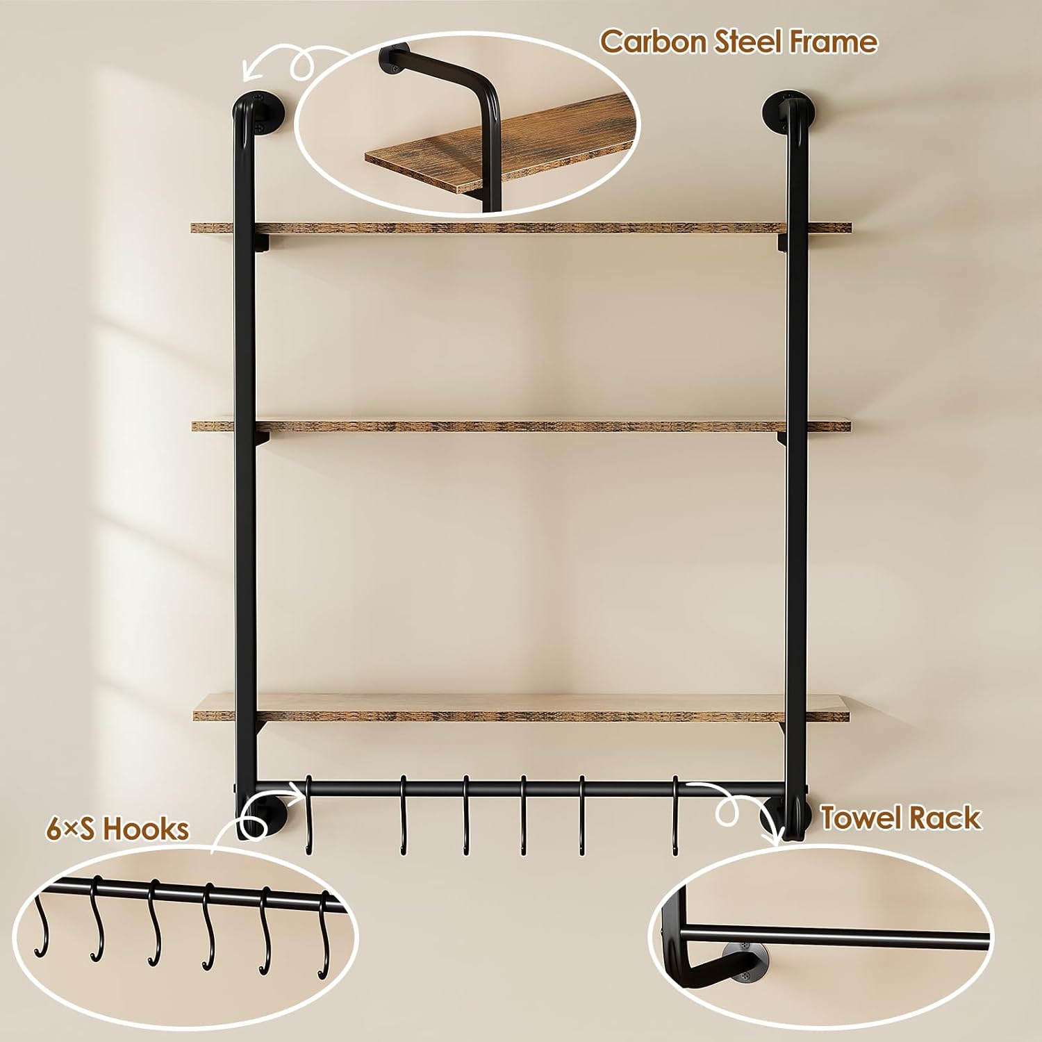 3 Tier Industrial Pipe Shelving, 24" Kitchen Shelves Wall Mounted with 6 Hooks, Coffee Bar Shelves Display Bookshelf Wall Shelf for Bedroom, Bathroom, Home Décor, Rustic Brown