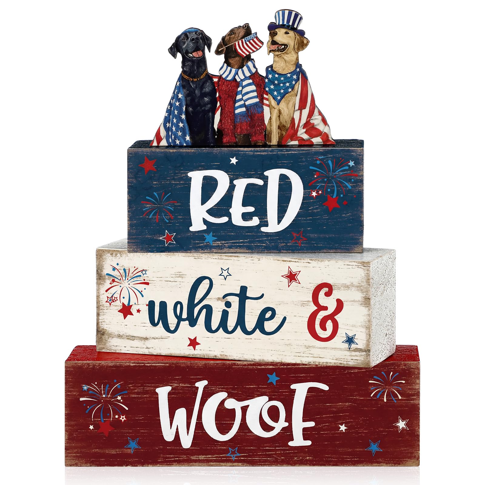 Photo 1 of ** MISSING DOG ** Fiwochic 4 Pcs 4th of July Dogs Decorations 250th Anniversary Patriotic Memorial Tabletop Decor Red White Blue Table Centerpieces Wood Block American Independence Day Sign for Tiered Tray Home Shelf