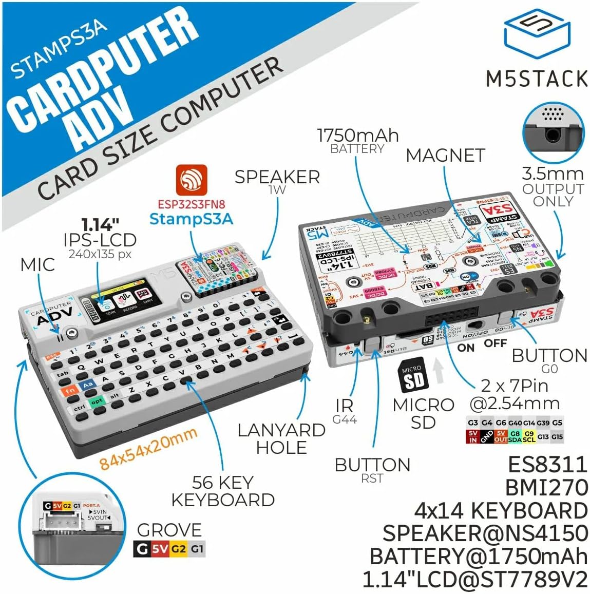 M5Stack Cardputer Adv Programmable Platform, ESP32-S3FN8, 8MB Flash, 1.14 LCD, 56-Key Keyboard, New for 2026!