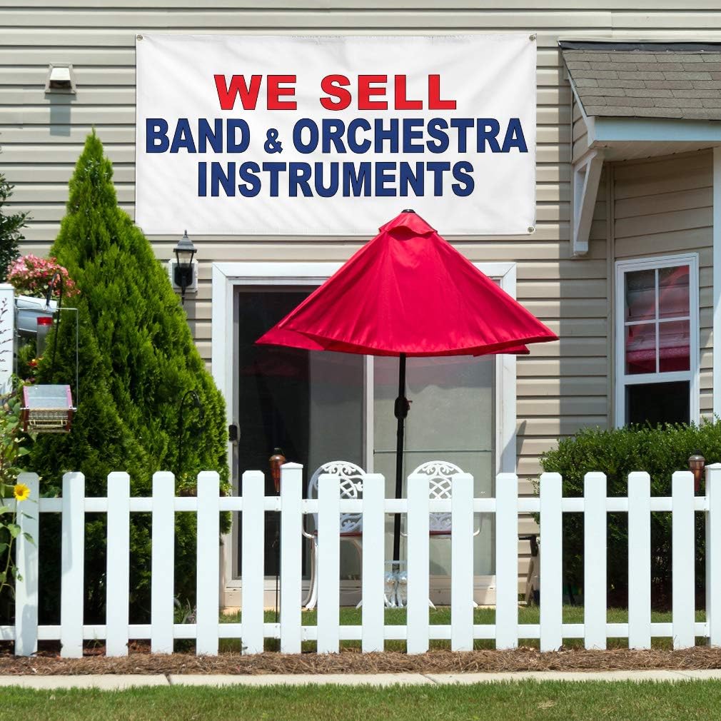Vinyl Banner Multiple Sizes We Sell Band & Orchestra Instruments Red Blue Dance & Music Outdoor Weatherproof Industrial Yard Signs 4 Grommets 24x36Inches