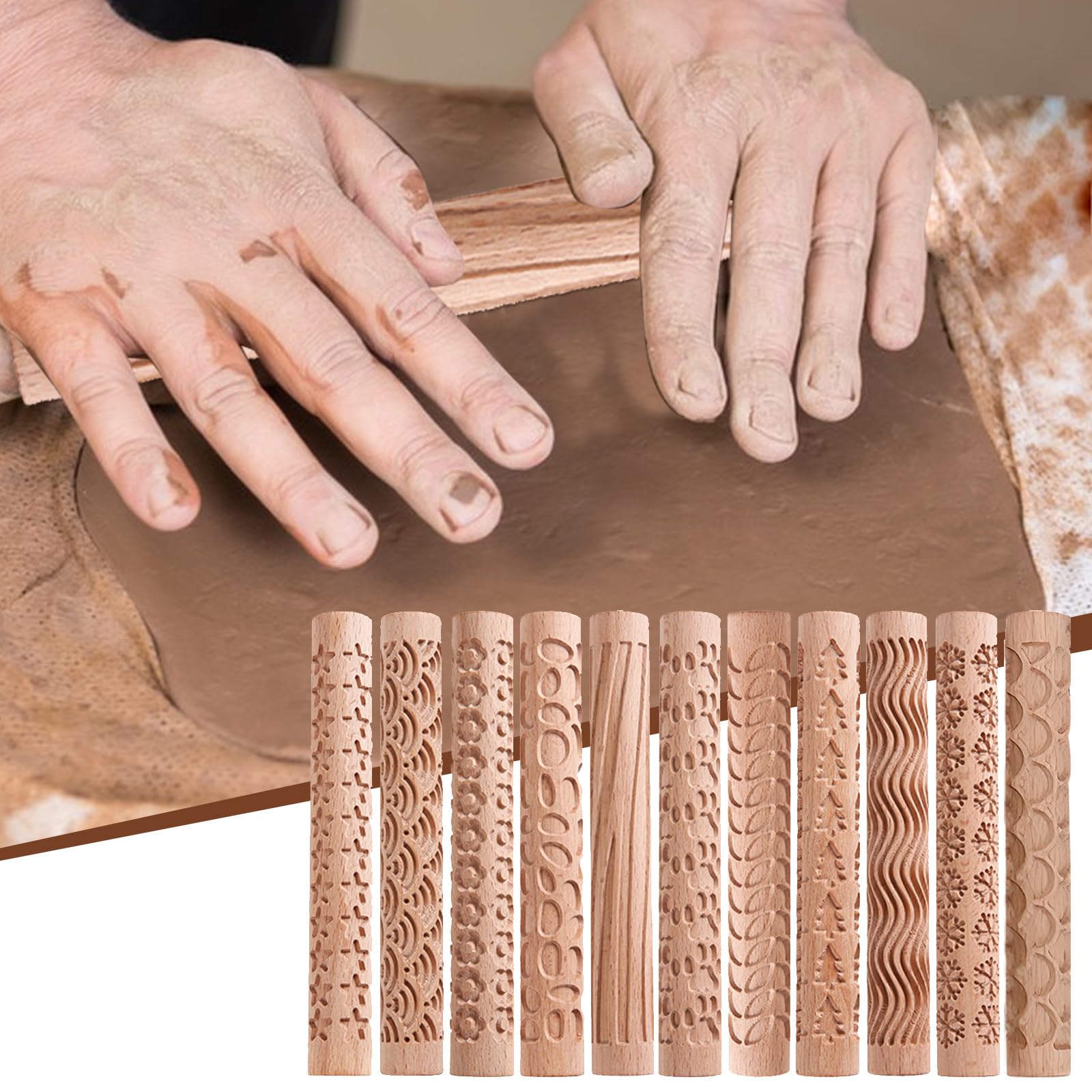 Rouleau d'Argile en Bois - Texture Bois, Gaufrage, Polymère - Outil de Poterie à Motif en Céramique