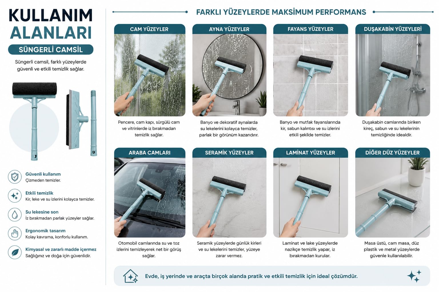 Süngerli Camsil Cam, Ayna, Fayans ve Duşakabin Temizleme Aparatı – Ergonomik Saplı Çekçekli Cam Silme Aparatı, Açık Mavi