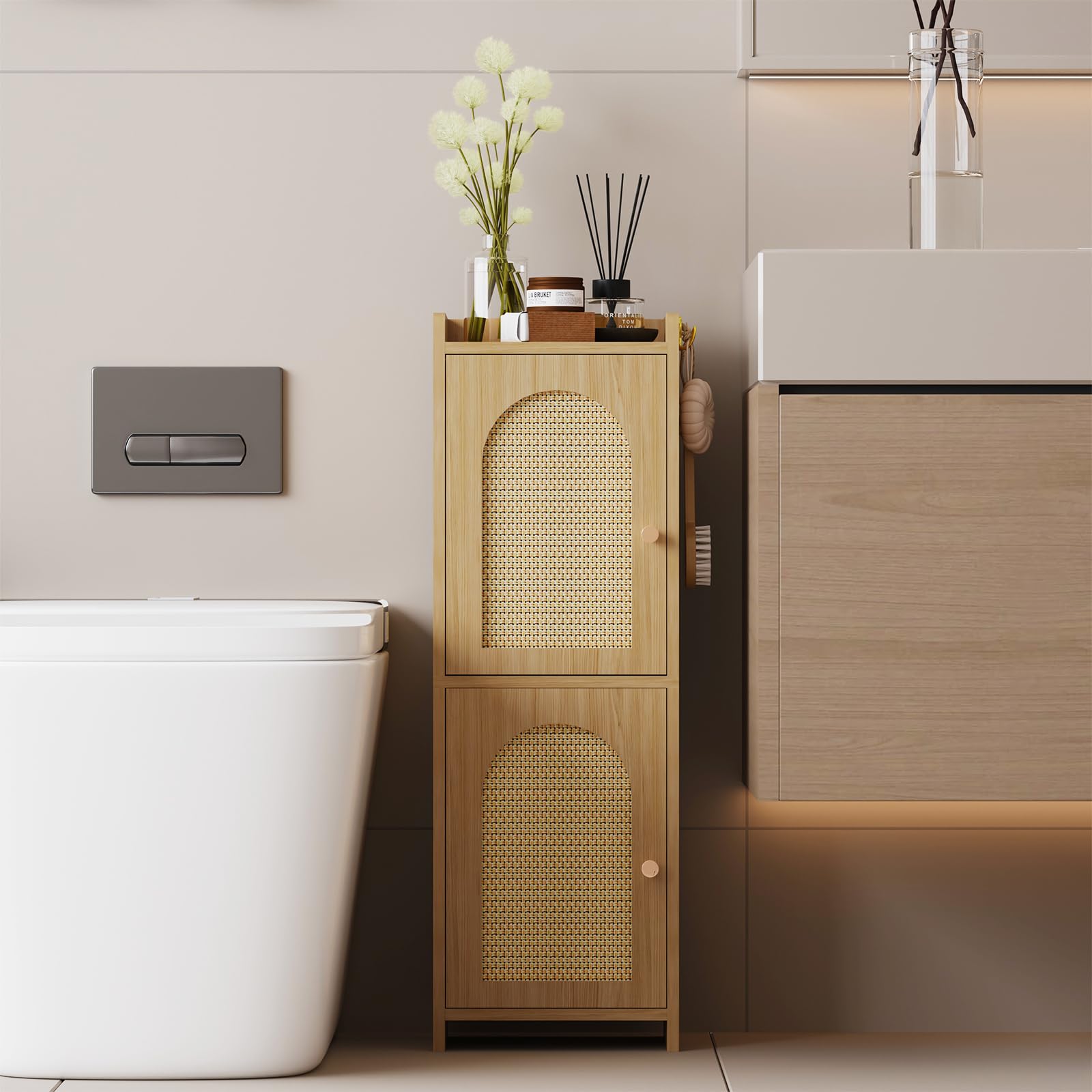 Photo 1 of *See Clerk Notes* Arbuxzuy Rattan Bathroom Storage Cabinet with 2 Doors and Adjustable Shelf
