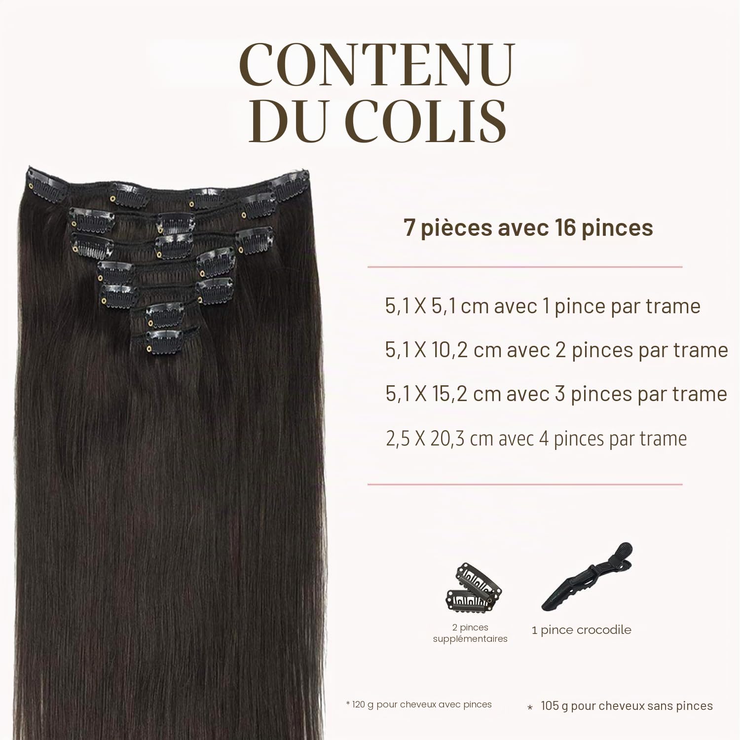 GOO GOO Extension Cheveux Naturel Clip, 35cm 120g 7pcs, #2 Brun Foncé, Extention de Cheveux Humains Vrai Cheveux, Extension a Clip Cheveux Naturel