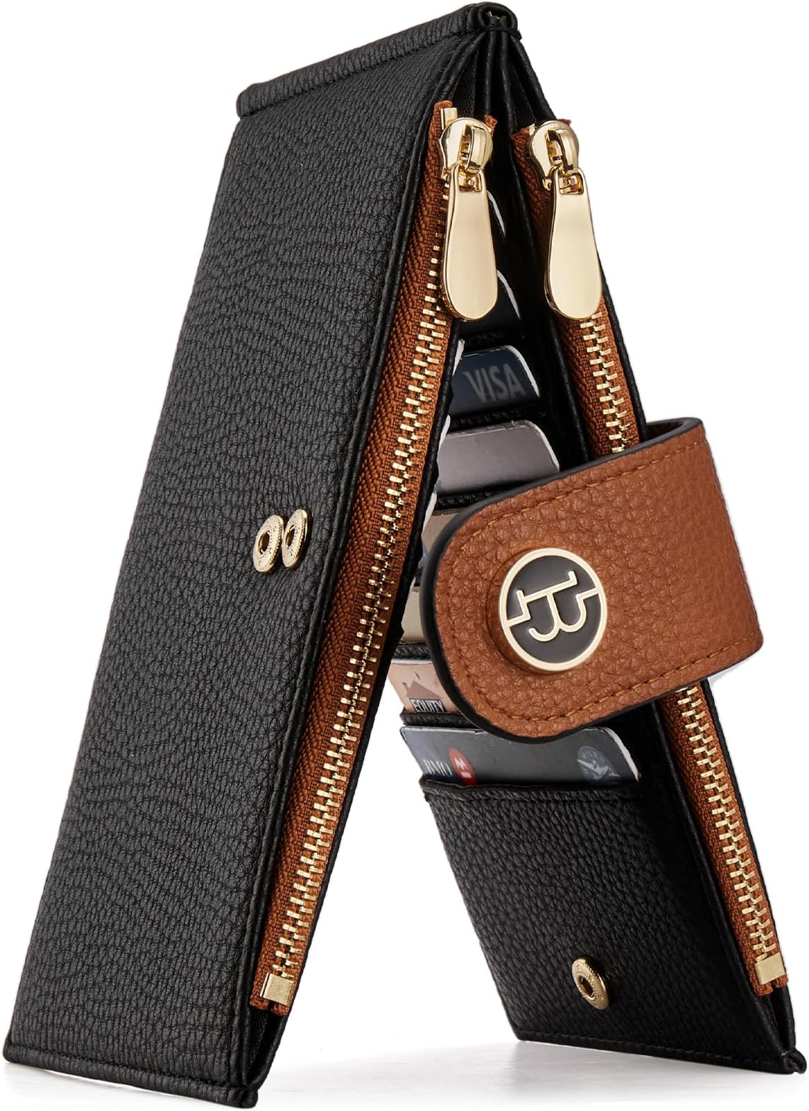 BOSTANTEN Leather Wallets for Women Large RFID Blocking Slim Bifold Purse Card Holder with Zipper Pocket Black＆Brown