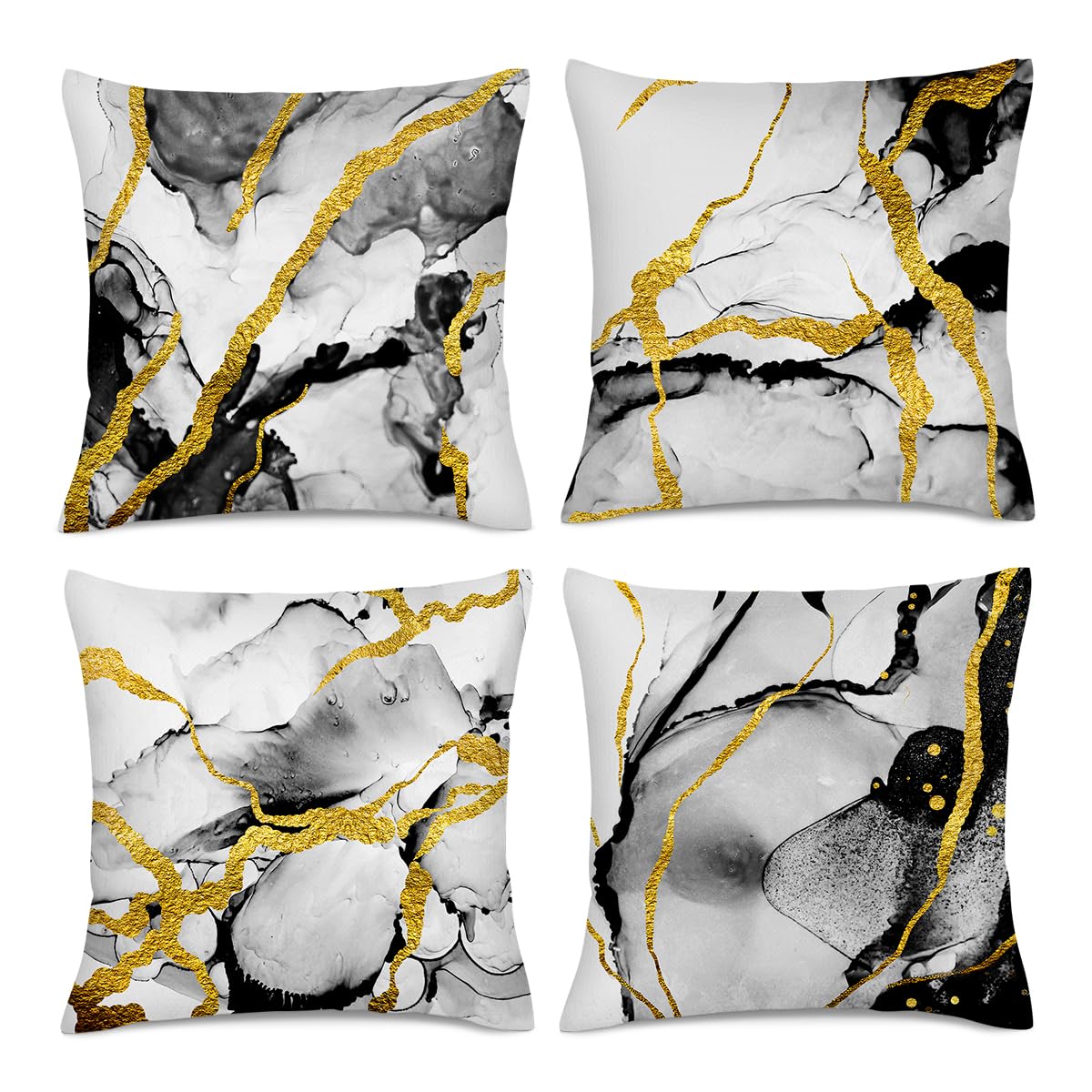 HIKENVIU Black Gold Grey Marble Throw Pillows Covers 18x18 Inch Set of 4, Abstract Modern Decorative Pillow Cases for Sofa Couch Bedroom Living Room