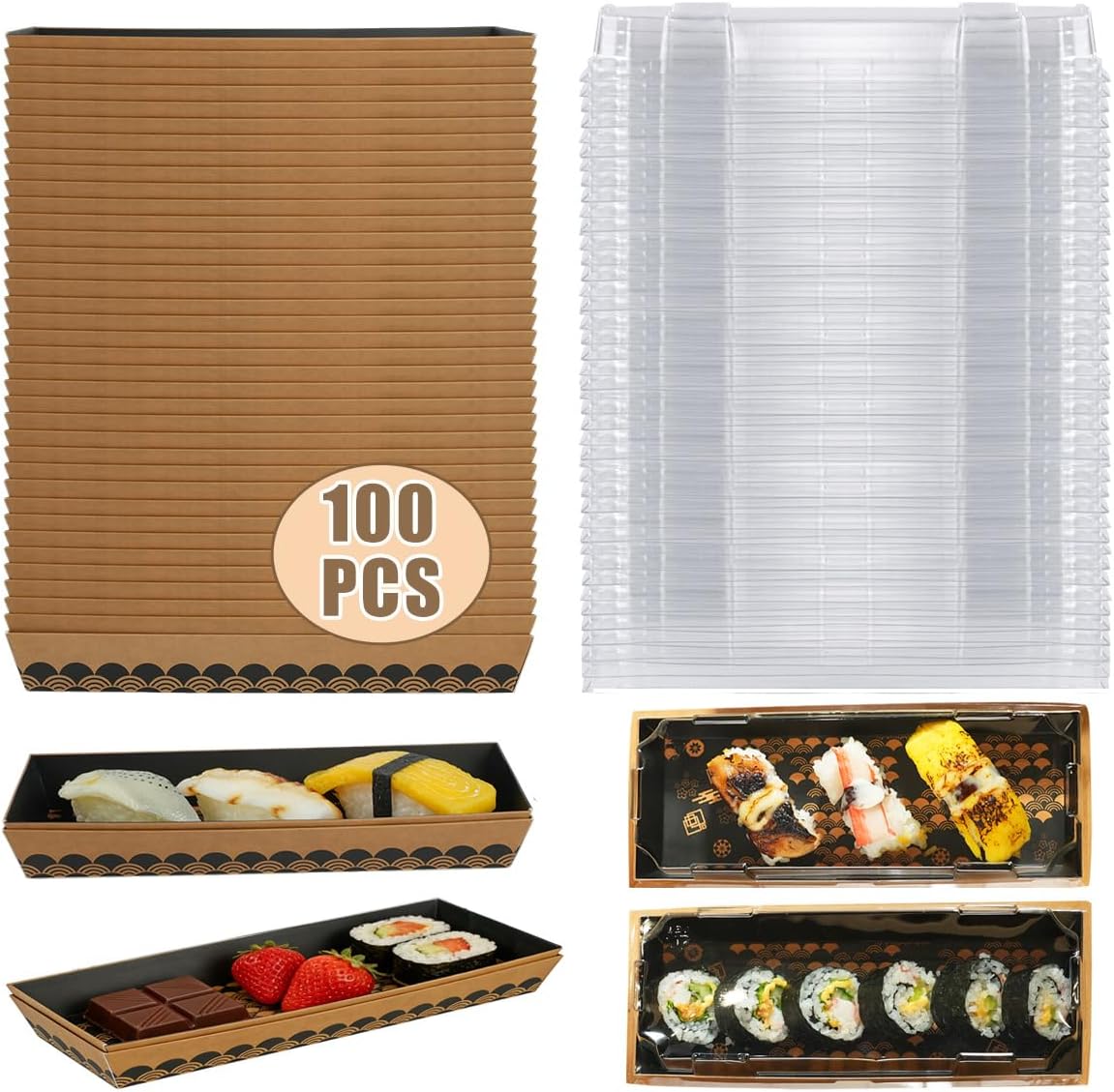 100 Pack Sushi Containers with Lid, 8.5 x 3.5x1.7 Inch Sushi Boxes To Go, Disposable Take Out Boxes Paper To Go Containers for Hot Dogs, Sandwiches, Cookies, French Fries (Small)
