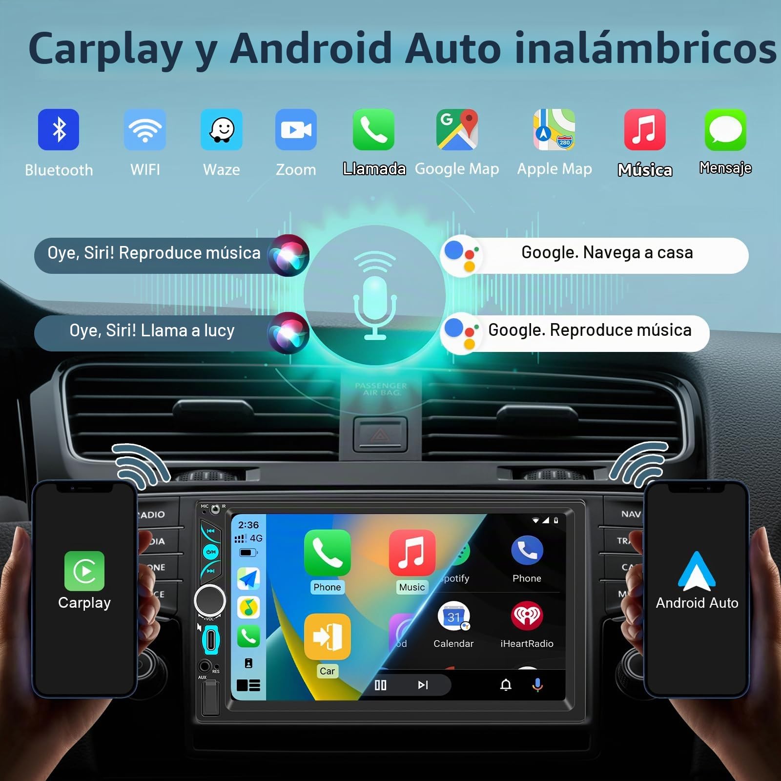 WERESOUND Radio Coche 2 DIN Apple CarPlay y Android Auto inalámbrico