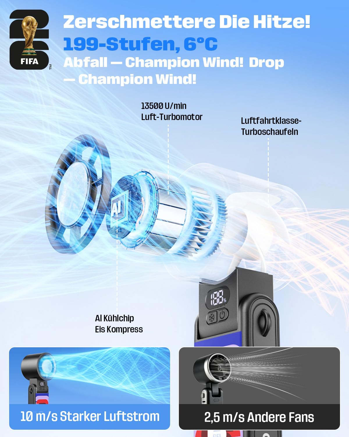 FIFA WM 2026 Handventilator Akku Aufladbar, Turbo Fan mit Kühlfunktion | 1-199 Stufenlos, 3600 mAh, 13.500 U/min, 150° Neigbar, Perfekte Geschenk für Fußballfans, Farbig | Offiziell Lizenziert