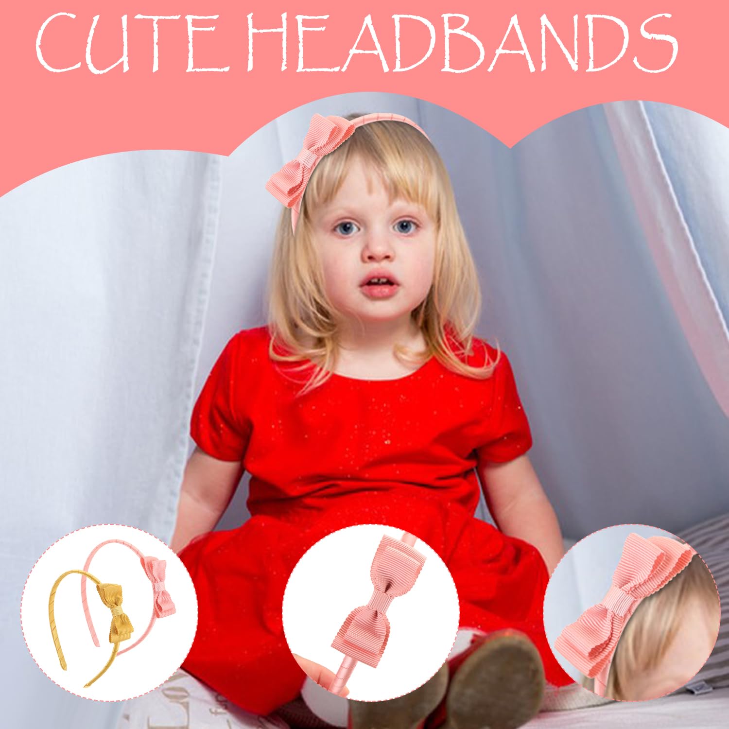 UHOMENY 2 Packs Girls Hairband Cute Bow Elastic Hair band Colorful Stretch Bow Headband Little Hair Accessories Double Ribbon Headband for Girls and Women (Pink - Image 3
