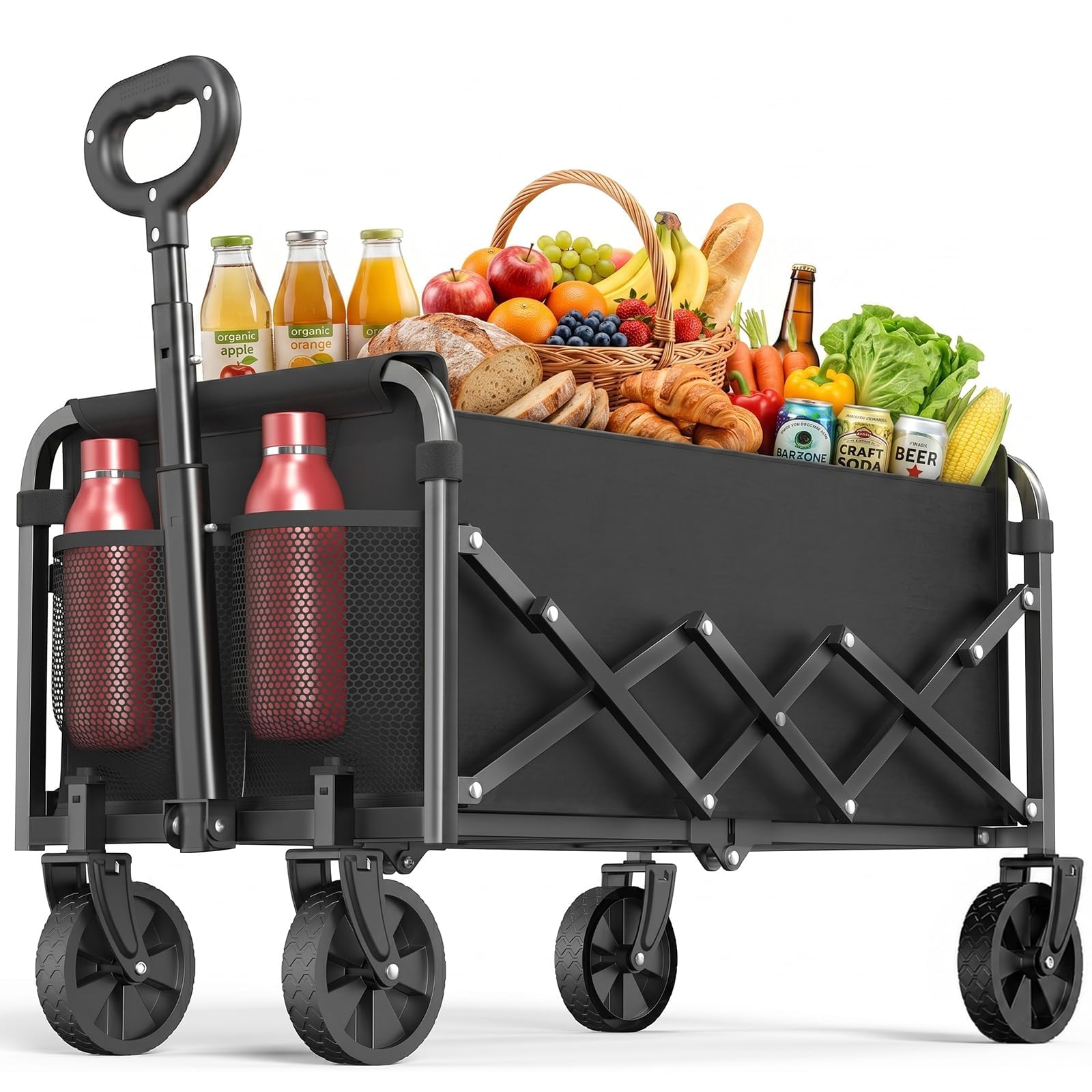 Handcart Foldable 120 L, Folding Wagon with 160 kg Load Capacity, Collapsible Hand Trolley with Quiet Wheels, Side Pocket and Drink Holder, Garden Cart for Camping, Beach, Shopping and Outdoor Use