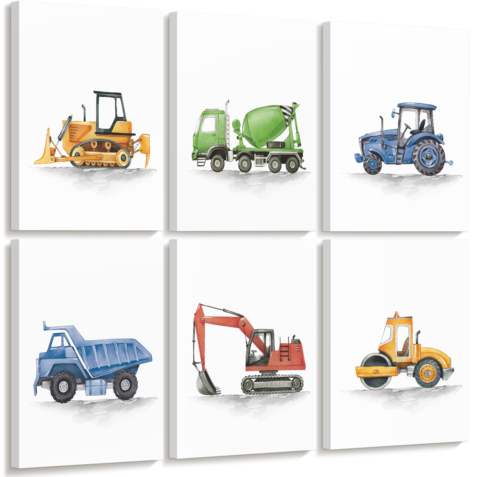 Boys Truck Wall Art Set of 6 Truck Vehicle Canvas Wall Decor Toddler Construction Wall Art Watercolor Playroom Kids Pictures Prints Nursery Artwork
