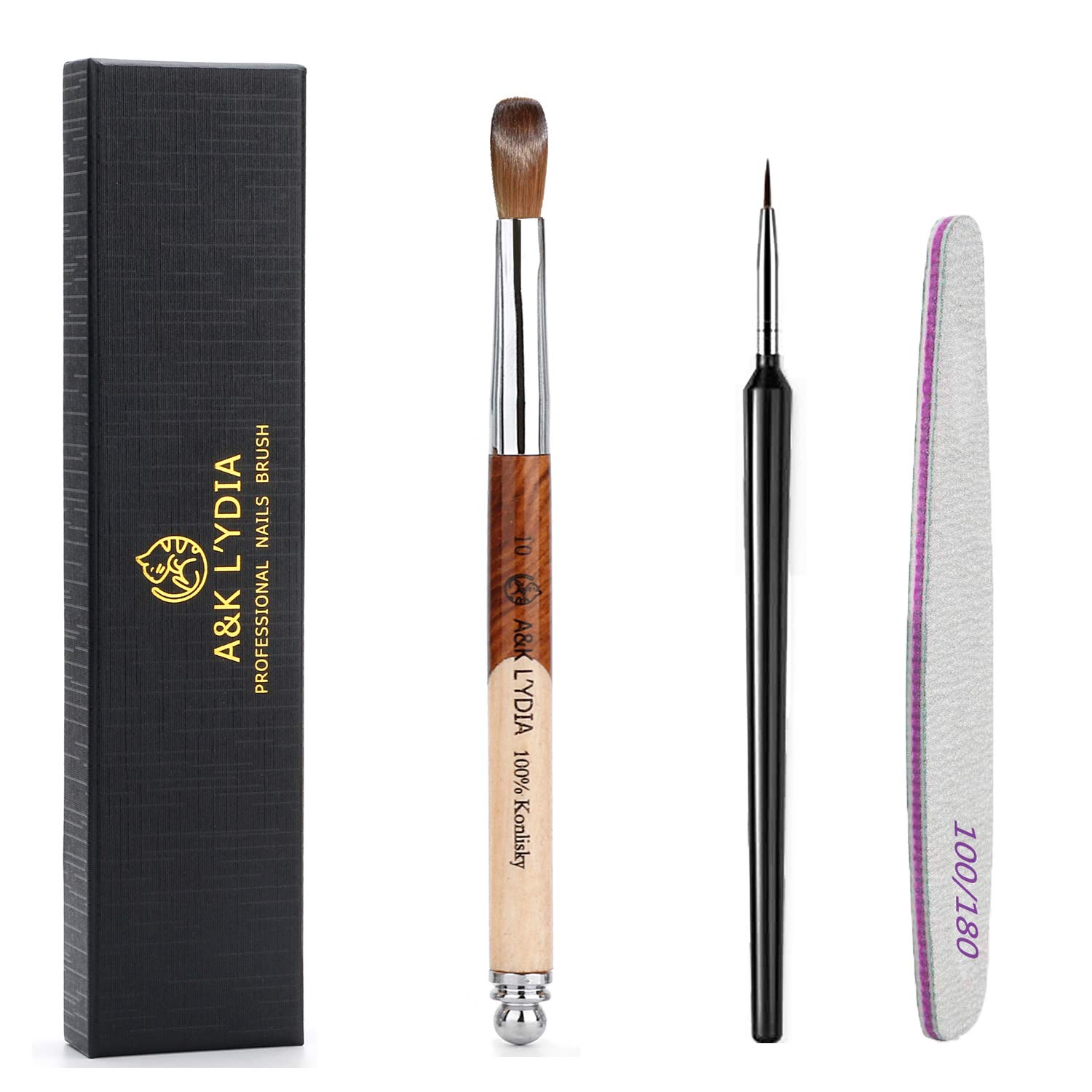 A&K LYDIA Acrylic Nail Brush for acrylic application Manicure crystal Powder Pedicure-2pcs Konlisky Sable hair Acrylic Nails Oval Nail Art Liner Brush With Stitching color Wooden handle