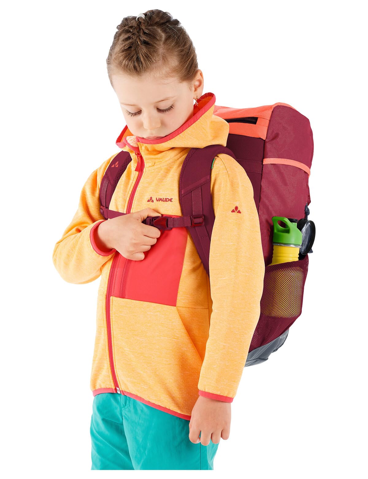VAUDE Kinderrucksack Jungen & Mädchen Puck, hotchili, Einheitsgröße | Komfortabler Wanderrucksack Kinder 10L – Wetterfester Schul- oder Kindergartenrucksack mit Regenhülle & Lupe – viel Stauraum