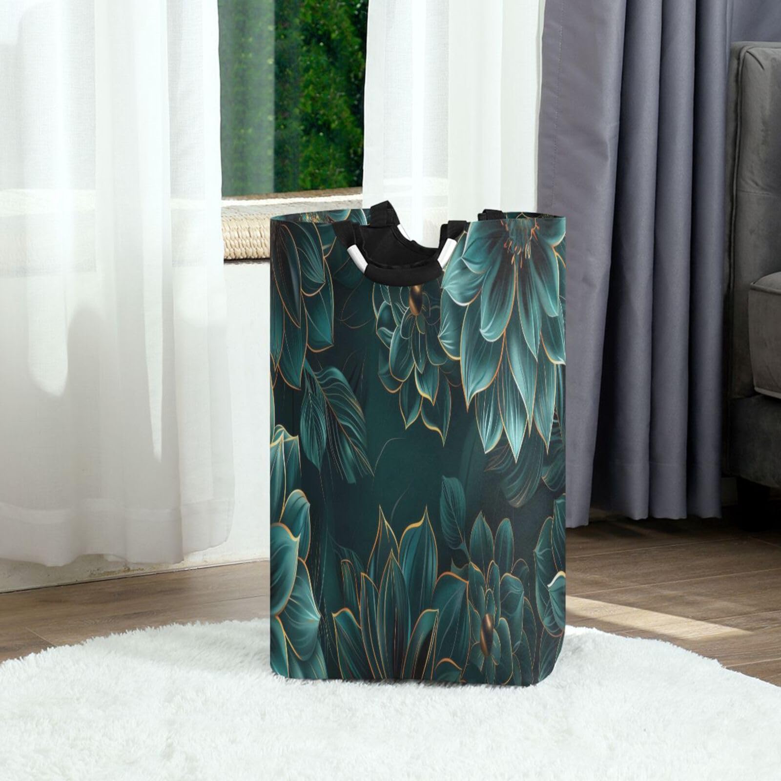 Jihqo Laundry Hamper Basket Teal Lotus Flowers Collapsible Nursery Storage Bin Waterproof Clothing Baskets for Home Bedroom Bathroom Washing Room