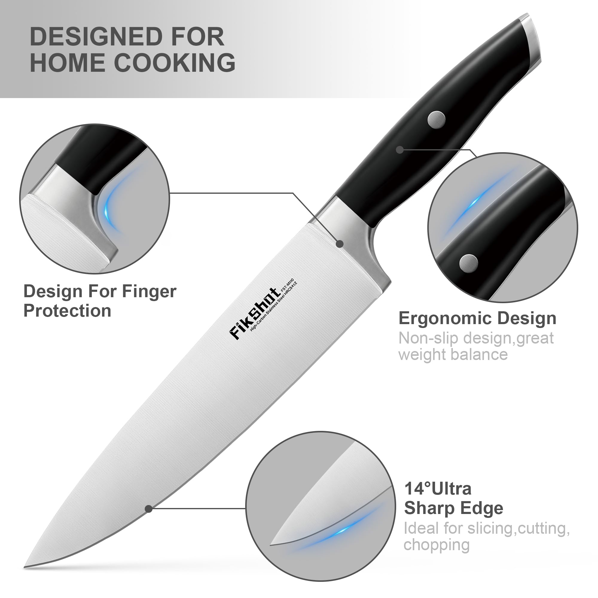 Knife Block Set, FIKSHOT Kitchen Knife Sets, High Carbon Stainless Steel Full Tang Knife set, Razor-Sharp Blade Rust Resistant, Professional Chef's Knife for Home Cooking (BLACK)