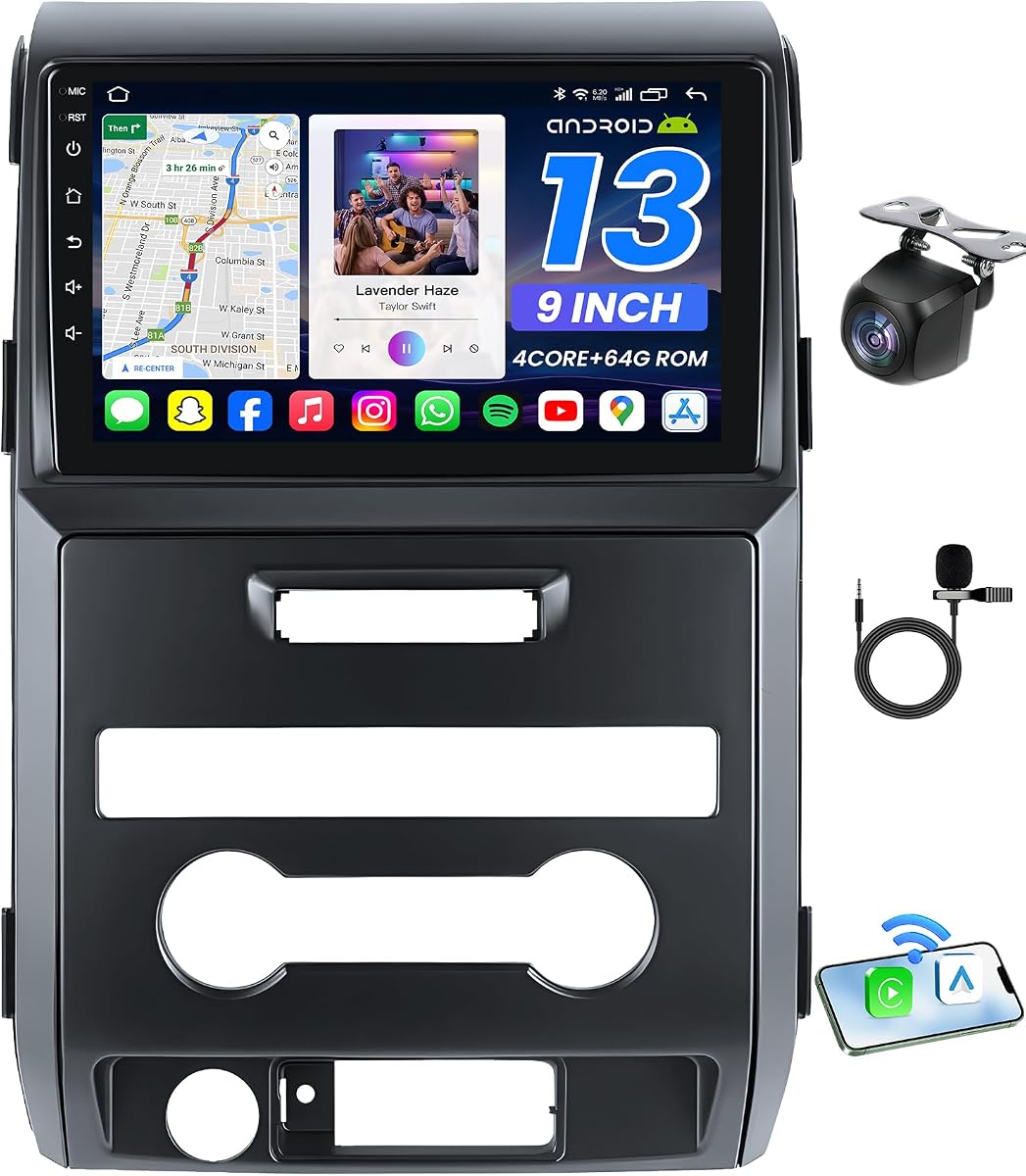 [4Core 64GB ROM] 9" 1280 * 800 Touchscreen Car Radio Stereo for Ford F150 2009-2014 with Wireless CarPlay Android Auto 5G WiFi GPS Bluetooth FM SWC Mirror Link, Backup Camera (Only Fit Manual AC)