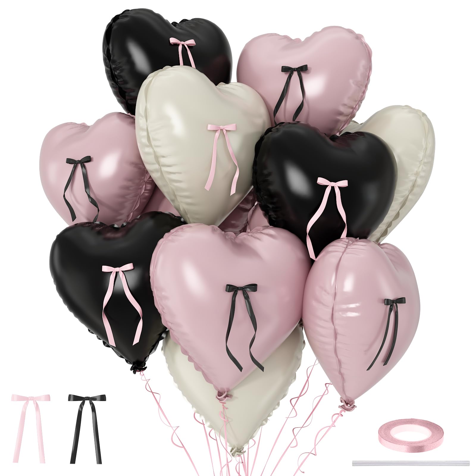 Pink and Black Heart Balloons with Ribbon Bow, 10 Pcs Light Baby Pink Cream Heart Shape Foil Balloons, 18Inch Helium Balloon with Bow Decoration for Girls Women Brithday Baby Shower Bachelorette Party โ image 1