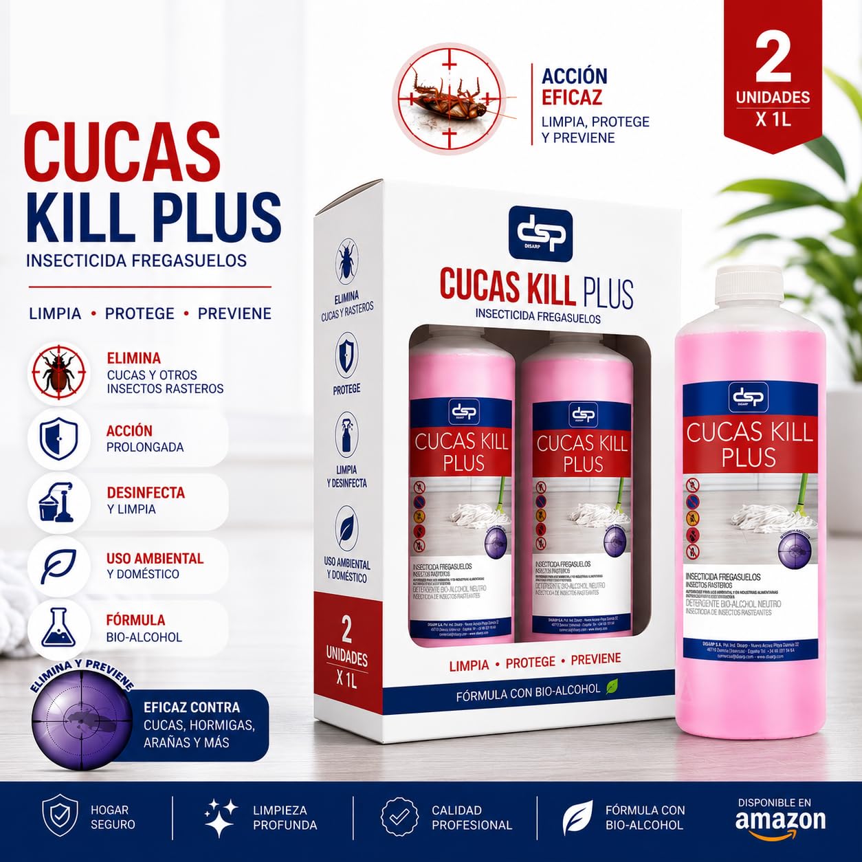 PACK DE 2 UNIDADES CUCAS KILL PLUS Insecticida Fregasuelos, Elimina Hormigas, Cucarachas y Arañas, Efecto Preventivo 15 Días, Aroma Neutro