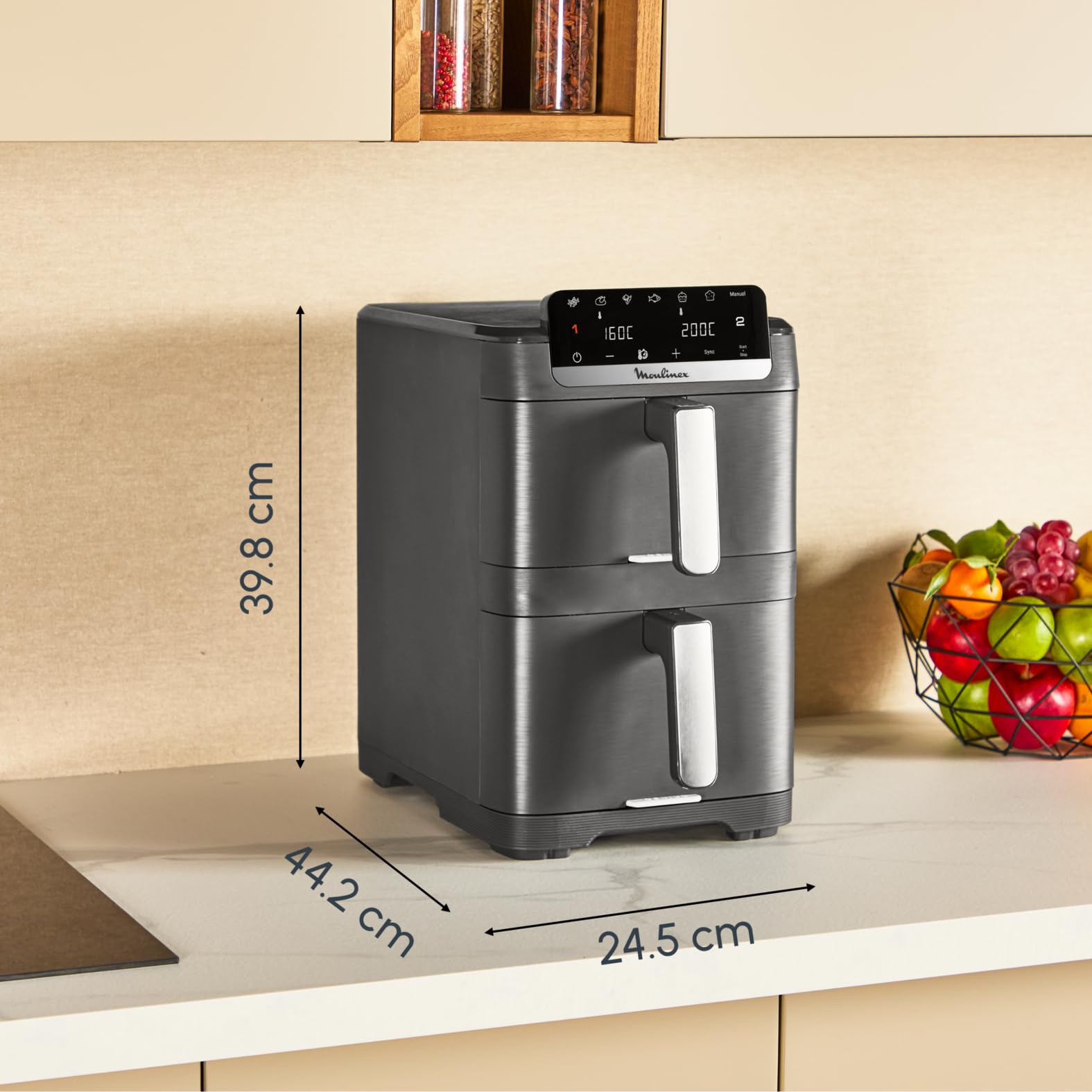 Moulinex Easy Fry Crispy Stack, Friggitrice ad Aria Verticale con Doppia Resistenza, Salvaspazio, Cottura ad Aria Uniforme e Croccante, Frontale Rimovibile, EZ756HF0
