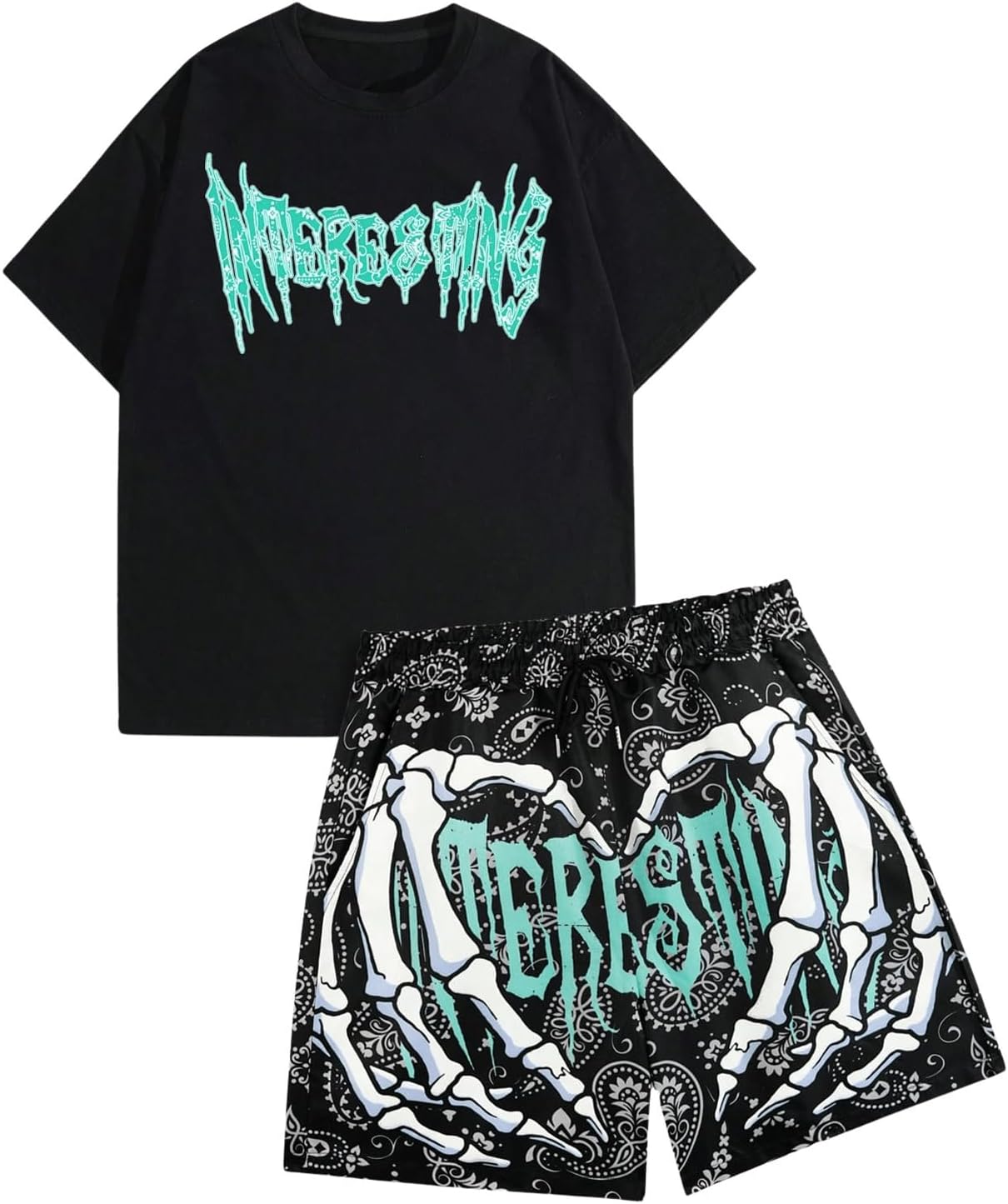 SHENHE Men's Summer 2 Piece Outfits Crewneck Graphic Tee Shirt and Paisley Bandana Shorts Set