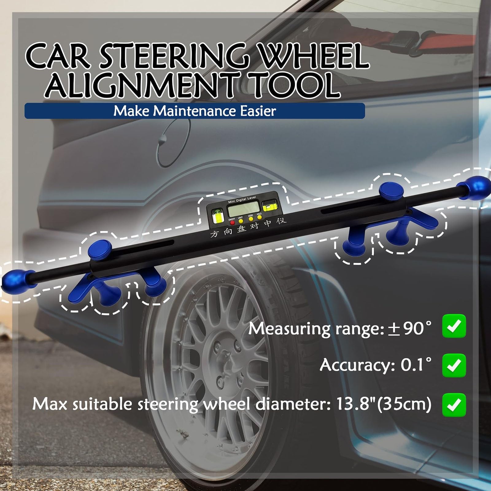 Strumento Di Allineamento Del Volante Dell'auto, Allineatore Di Livellamento Digitale Per Il Posizionamento Delle Quattro Ruote, Indicatore Elettronico Con Staffa Regolabile Da 19-37 Cm E Schermo
