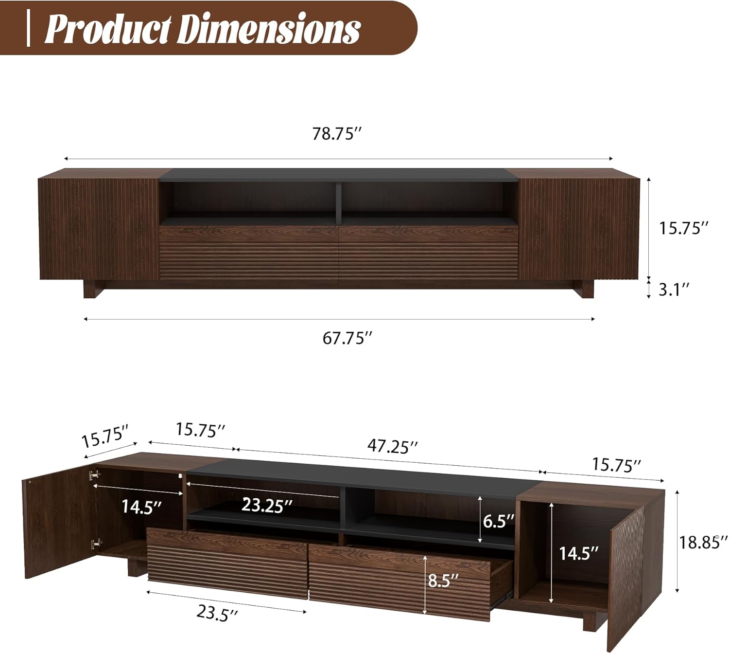 78.8 Inch TV Stand with Storage Cabinets for Living Room, TVs Media Console Entertainment Center with Drawers, Wood Fluted Television Stands with Open Shelves for Bedroom, Dark Brown Walnut