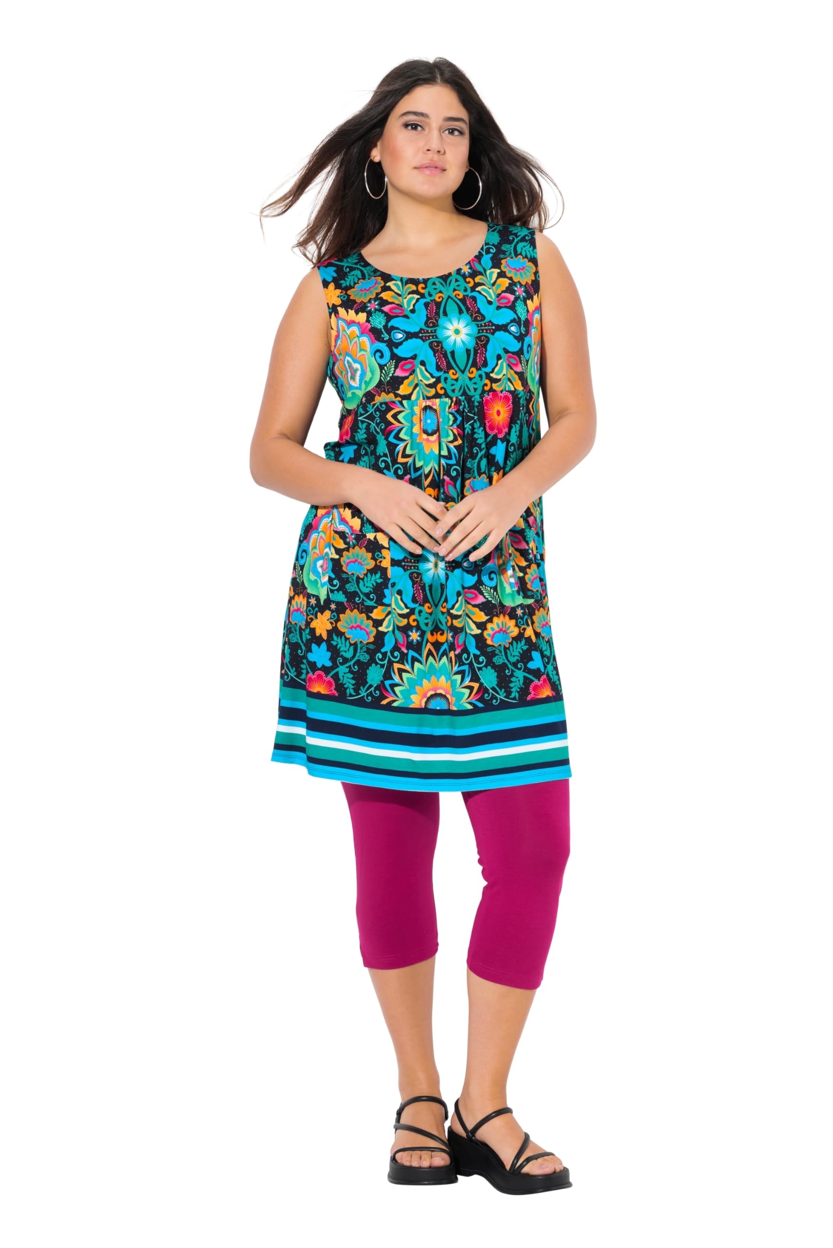Ulla Popken Women's Jersey Mini Dress, Flowers, A-Line Round Neck, Sleeveless Swing Dress with Print Border