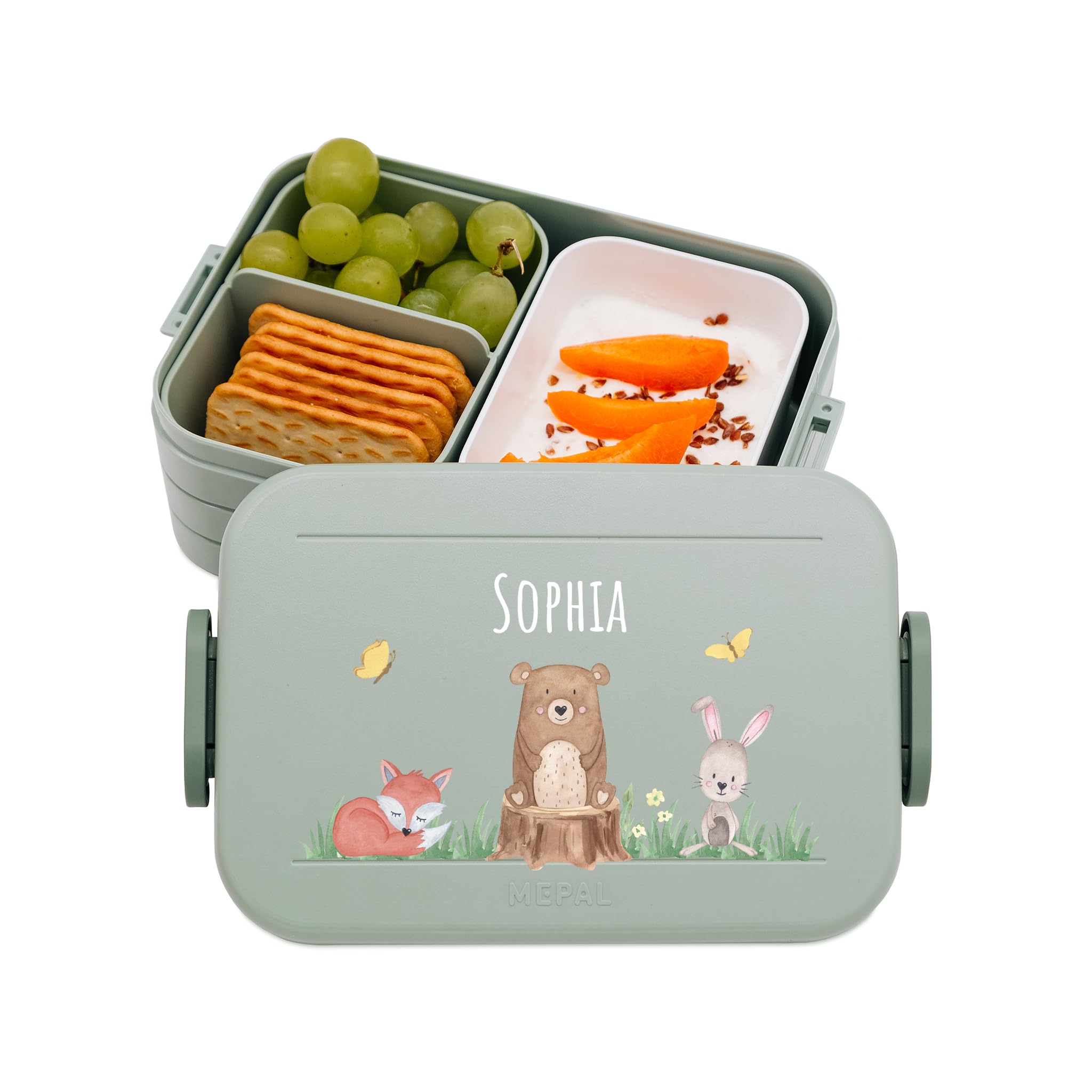 wunderwunsch MEPAL Brotdose Spülmaschinenfest Kinder, Lunchbox mit Einsatz für perfekte Ordnung, Spülmaschine, Mikrowellengeeignet, personalisiert mit niedlichem Motiv (Tiere Wald, grün)