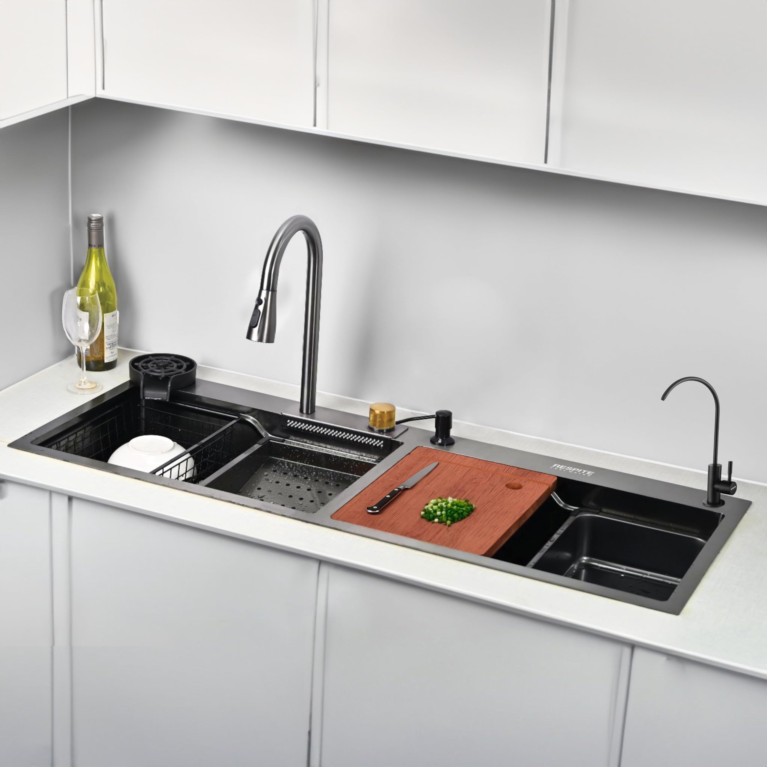 RESPITE Kitchen Sink | (47X18X10 Inch) | Waterfalk Double Bowl Sink | with Integrated Waterfall mode and High Grade Pull Down Faucet with Steel Tray, Fruit Basket and Complete Accessories Set.