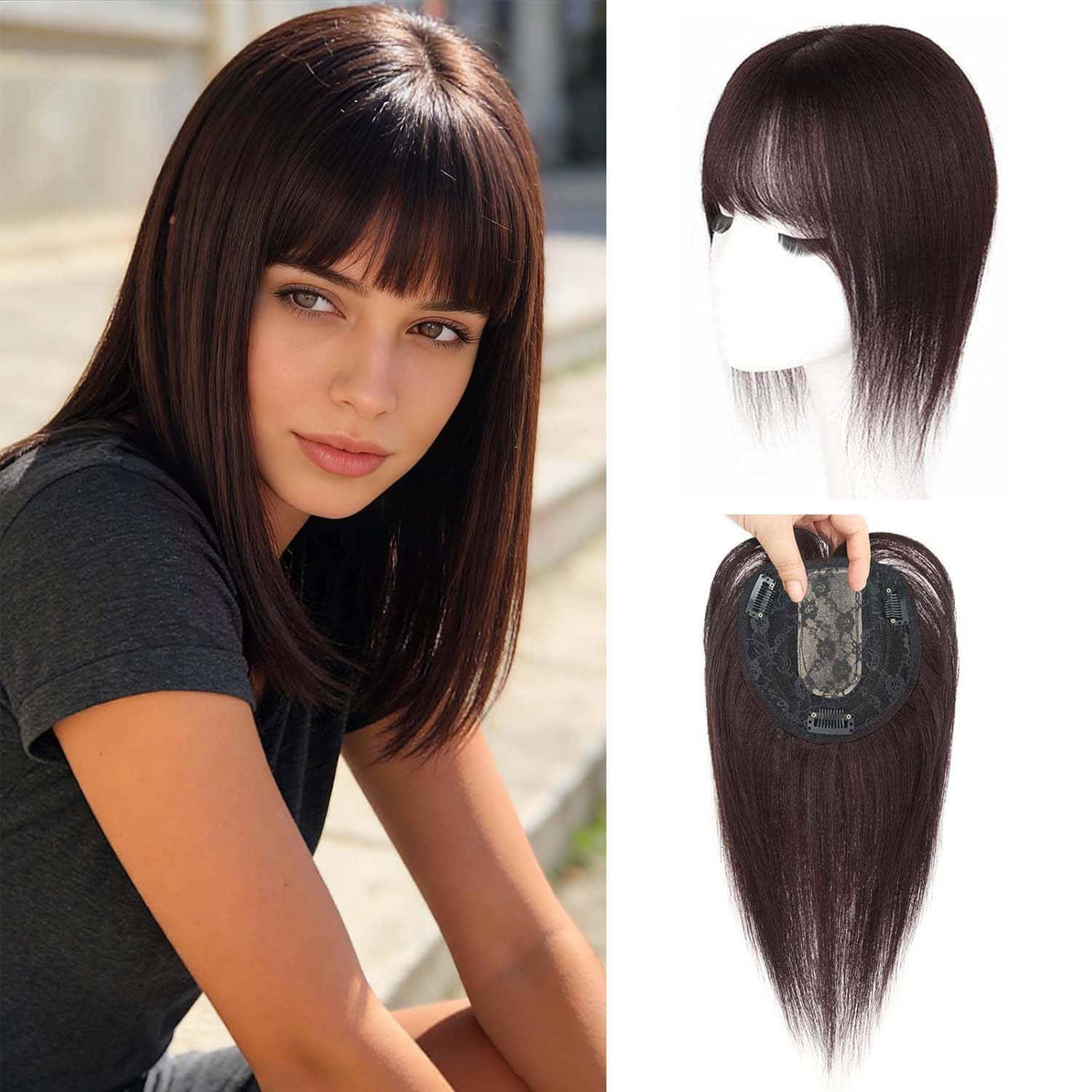 Echthaar-Topper mit Seidenbasis für Damen mit Pony, realistische Kopfhaut, 40 cm lange Clip-in-Haarverlängerungen aus Echthaar bei dünnem Haar (13 x 13 cm), Dunkelbraun