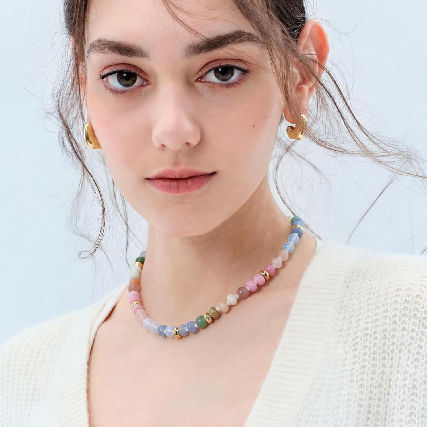 KissYan Beaded Necklaces for Women, Adjustable Natural Gemstone Choker with 14K Gold Plated Cubic Zirconia Beads Handmade Jewelry Gift