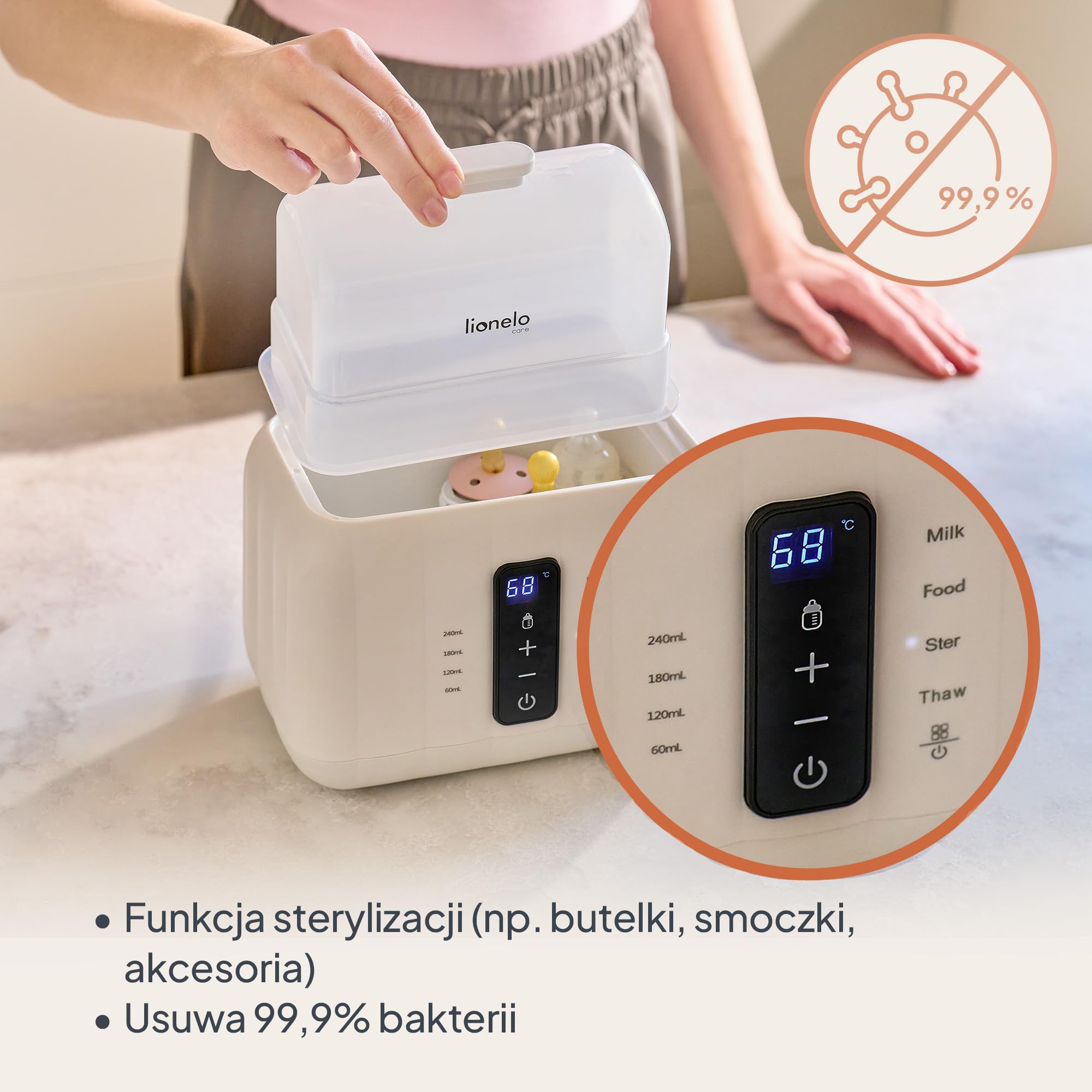 Lionelo Thermup Duo, elektryczny podgrzewacz do butelek 6 w 1 z podwójną komorą, ogrzewaniem mleka i kleiku, bezpieczne i szybkie rozmrażanie, sterylizacja, utrzymanie ciepła, panel dotykowy, bez BPA