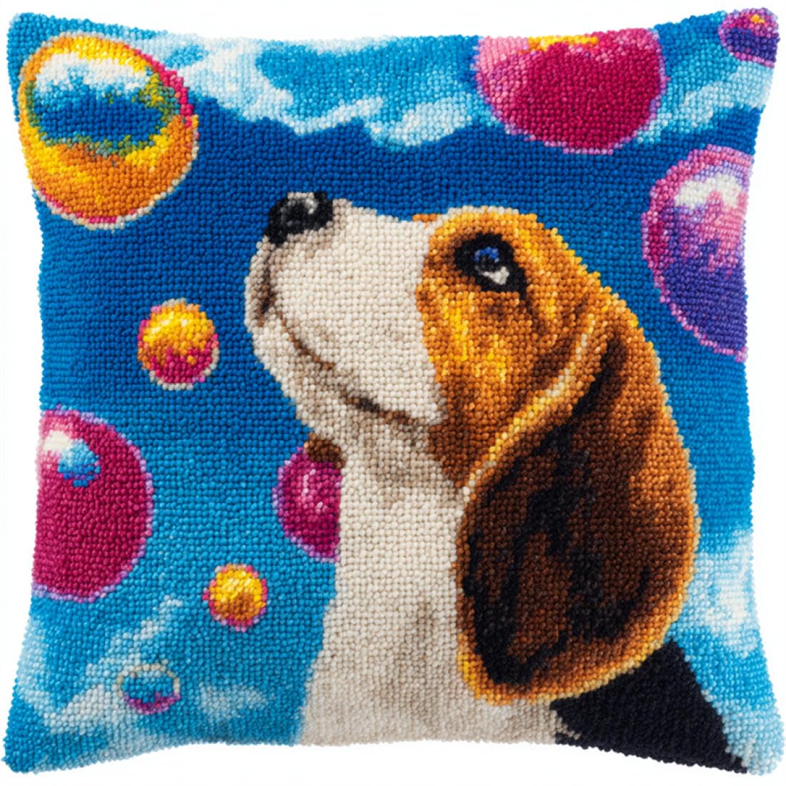 Kitquiver Animal DIY Craft Latch Hook Rug Kits Dogs and Colorful Bubbles DIY Latch Hook Rug Kit for Beginners Embroidery Cushion Canvasfor Adult Beginners 17x17In