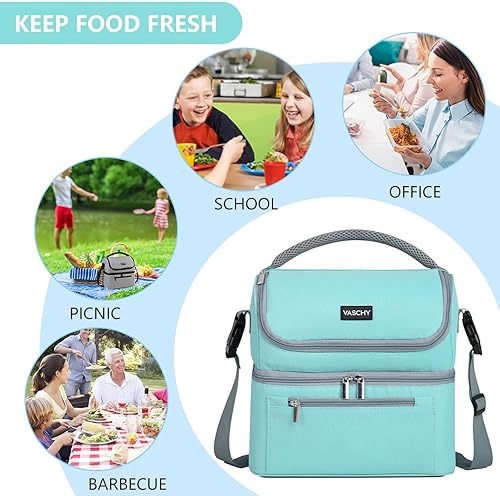 Miniatura 6 de VASCHY Bolsa de almuerzo para mujer, lonchera aislada a prueba de fugas en doble compartimento para hombres, mujeres, 14 latas (turquesa)