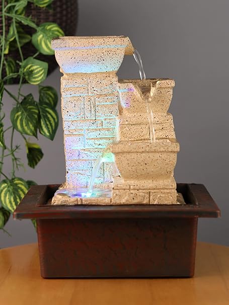 VIVARS Indoor Tabletop Fountain Water Fountain with LED Light and Calming Water Sound Relaxation Fountain for Home Bedroom Office Decor Grey