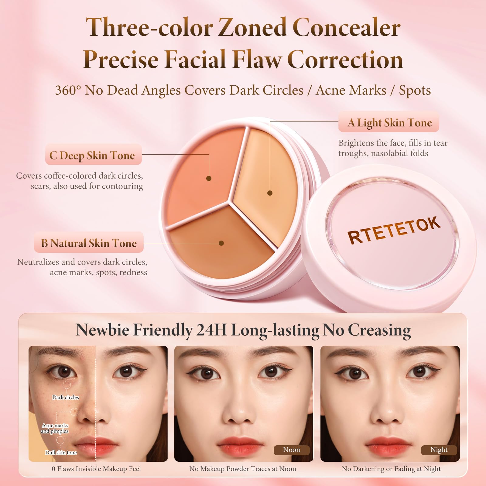 Cream Concealer Palette, 3-in-1 Full Coverage Color Correcting Concealer Stick - Image 4