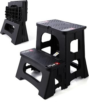 Folding 2-Step Stool - Upgraded Stable A-Frame, Safety Lock, Anti-Slip Rubber Feet, 300lb Capacity, No Assembly - 8 17 Step Stools for Kitchen, Bathroom, Bed, RV, Home, Office (Black)