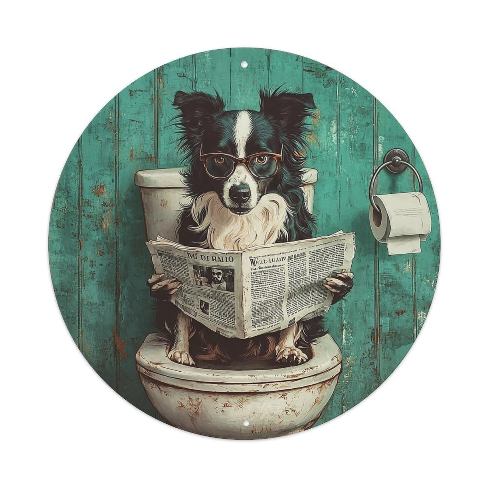 Dog Reading Newspaper On Toilet_1 Vintage Metal Tin Sign Retro Wall Decor for Home Bar Garage Cafe, Indoor & Outdoor Decorative，circle Metal Poster, 8x8 Inch
