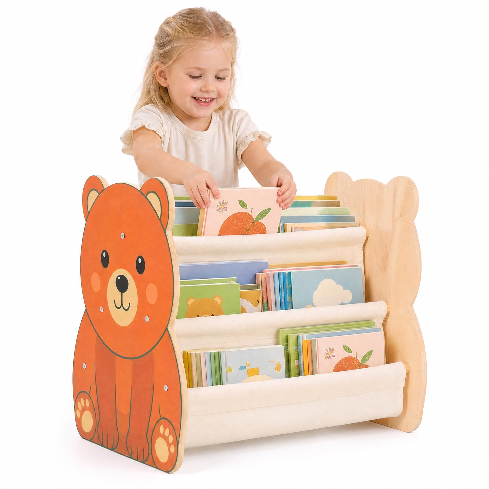 RHAIQBVC Kids Bookshelf,Wooden Double Sided Bookshelf,Portable Montessori Toddler Bookcase with Storage Shelves for Baby Nursery Room Playroom Bedroom, Children’s Book Organiser (Bear)