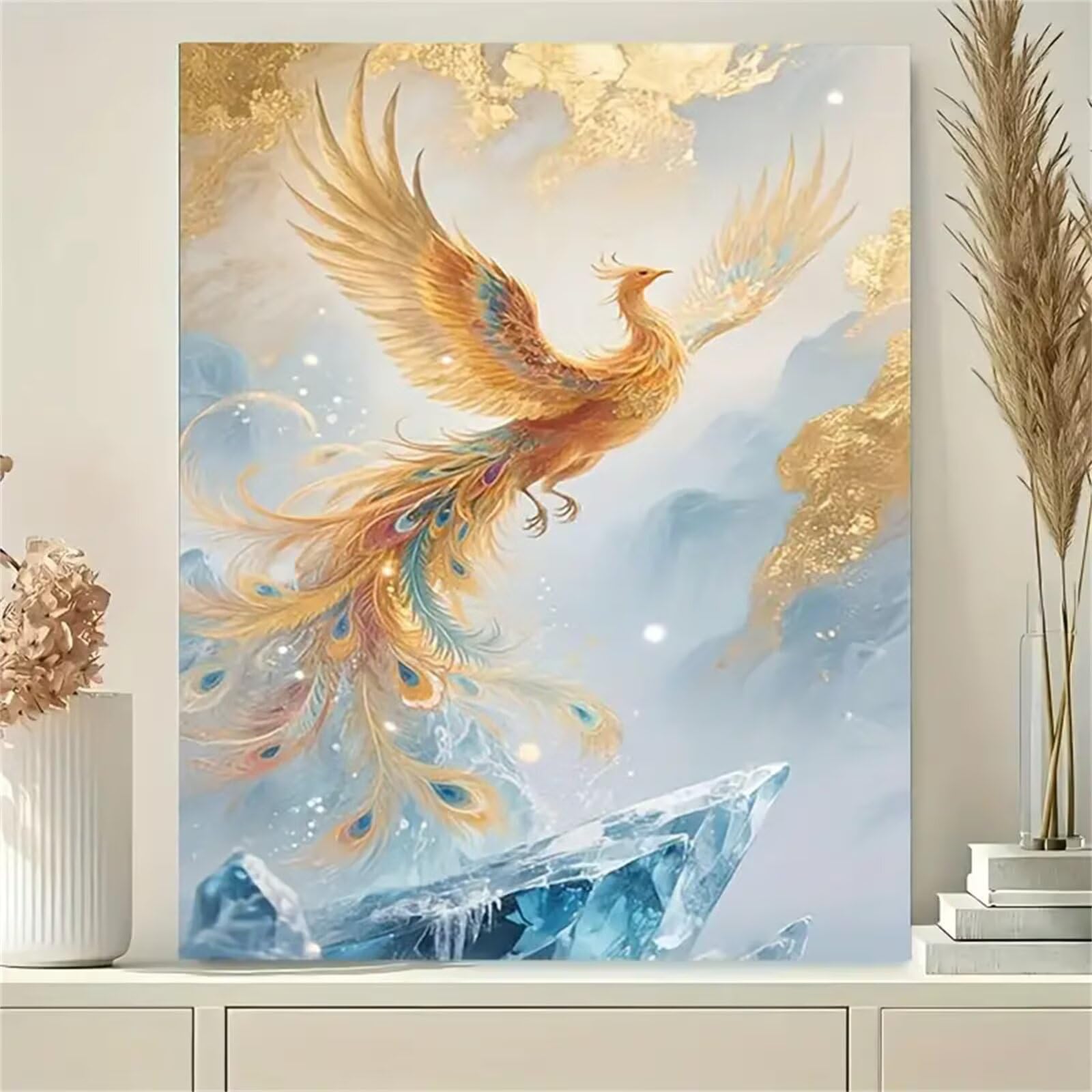 Fénix dorado glacial Pintar por Numeros con marco DIY Cuadro Con Números Kit de Pintura al óLeo Digital para Adultos de Lienzo Paint by numbers Kits Manualidades para Hogar Decoración 50x65 cm
