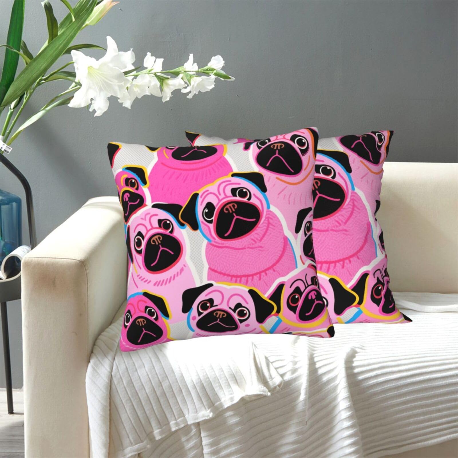 FekiLoot Decorative Throw Pillow Covers Modern Farmhouse Pillowcase Double Sided Cozy Cushion Cover for Sofa Couch Bed 16"X16" Colorful Pugs Dogs