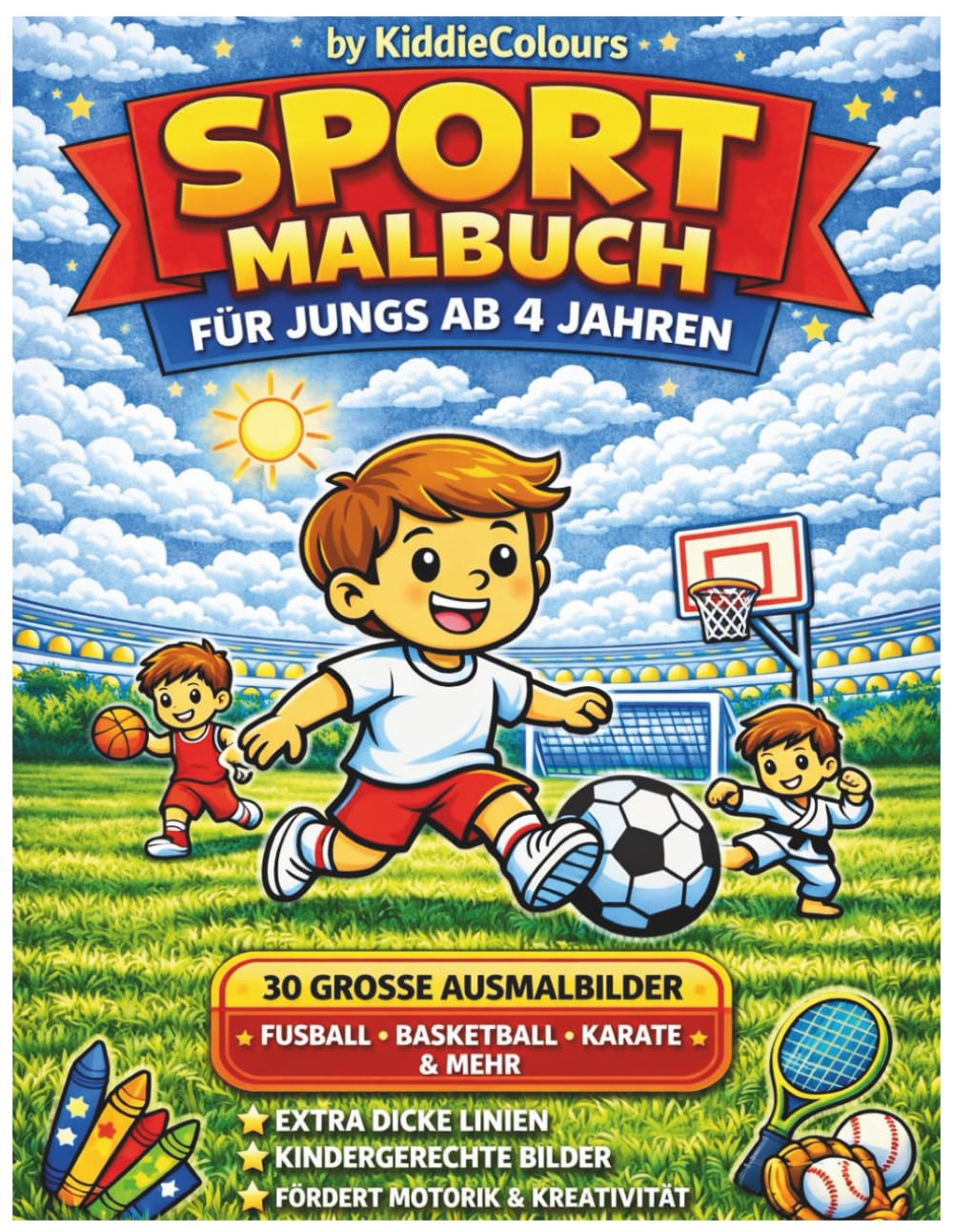 Sport Malbuch für Jungs ab 4 Jahren: 30 Große Ausmalbilder mit Fußball, Basketball & mehr