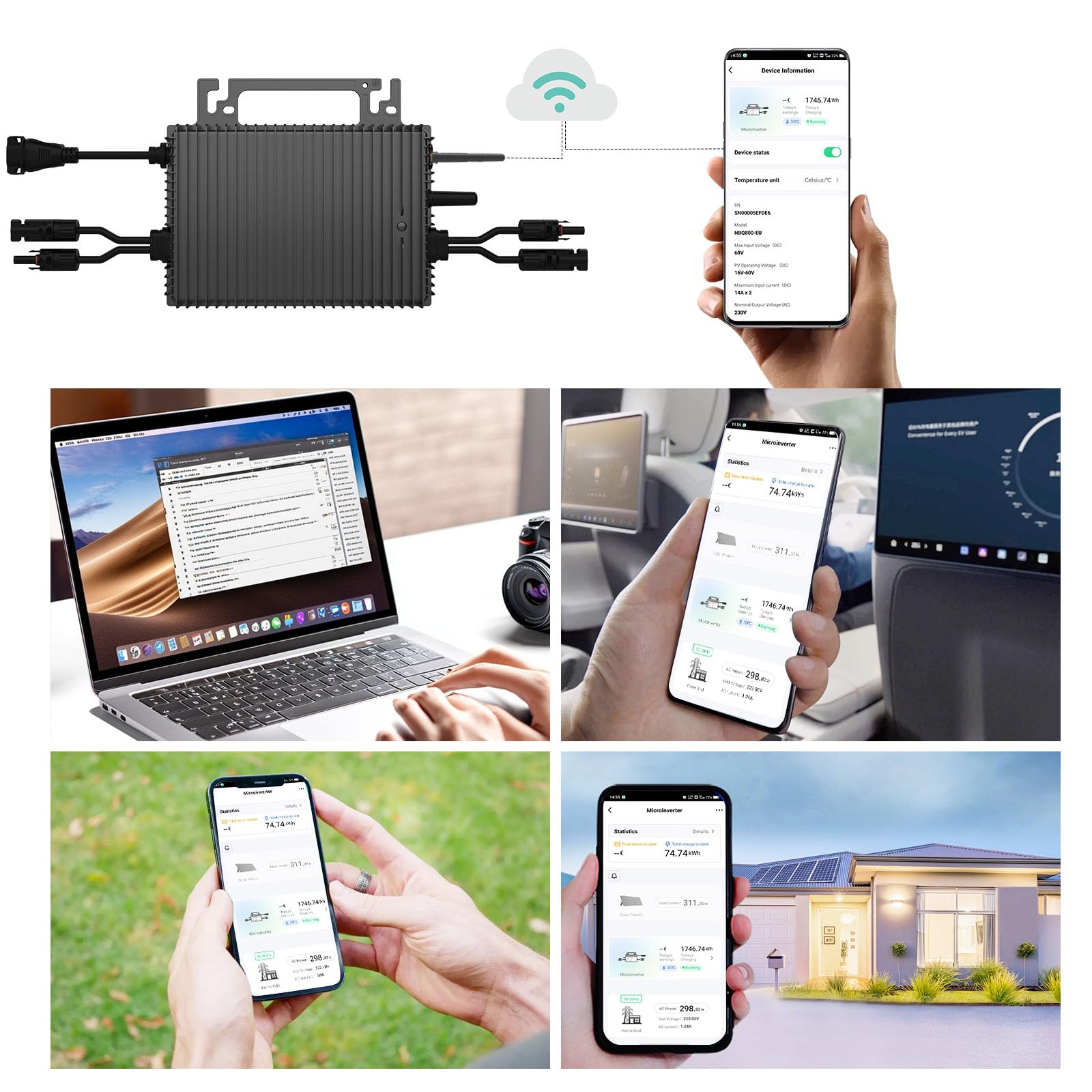 Rückflussverhinderer Mikro Wechselrichter 1200w, Solar PV Wechselrichter mit WLAN, IP67 wasserdicht, mit 5m AC Kabel für Balkonkraftwerk, integrierter MPPT， App Steuerung Plug Play