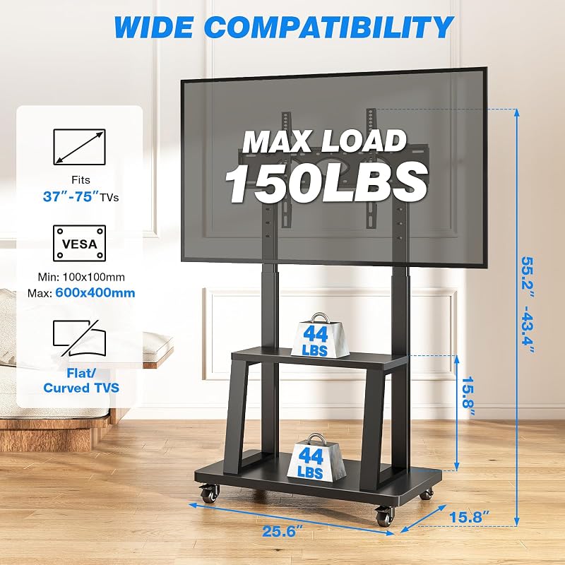 Rfiver Mobile TV Cart Rolling TV Stand for 37-75 inch TVs Up to 150lbs image 2